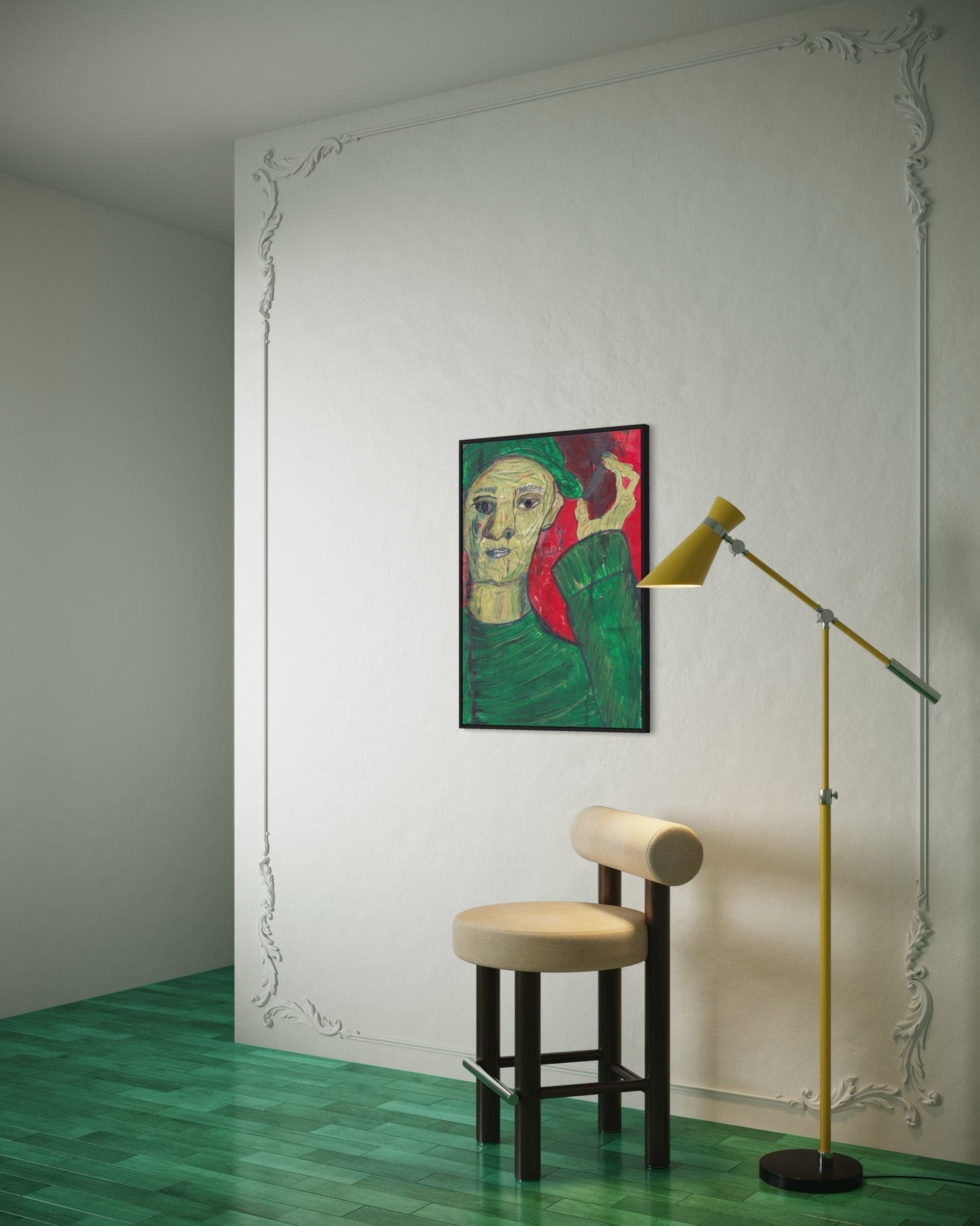 Room interior with a colorful painting, stool, and floor lamp on a green and white checkered floor.