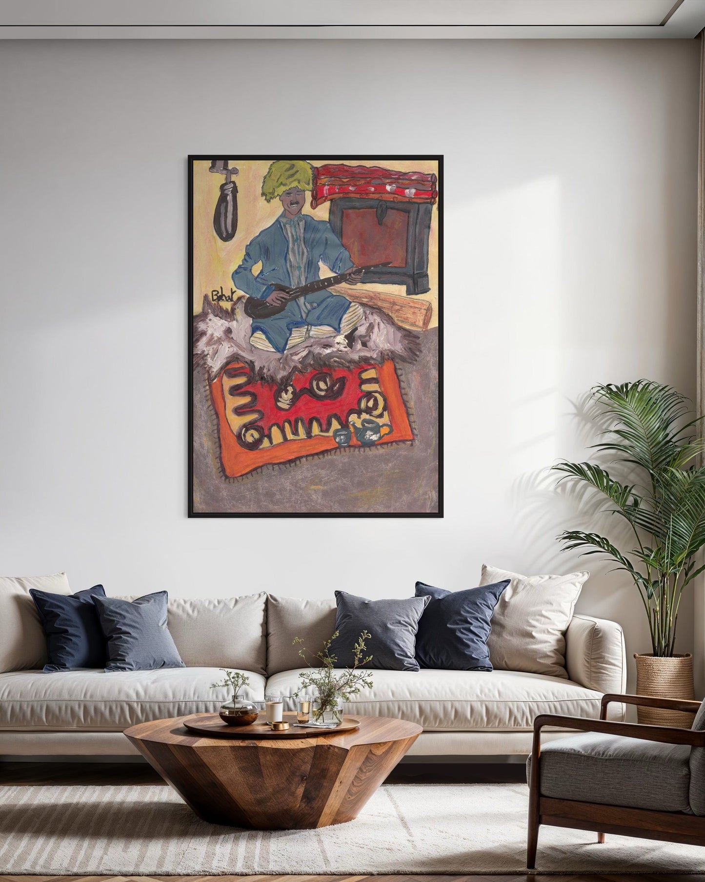 Living room with a colorful painting on the wall above a sofa.