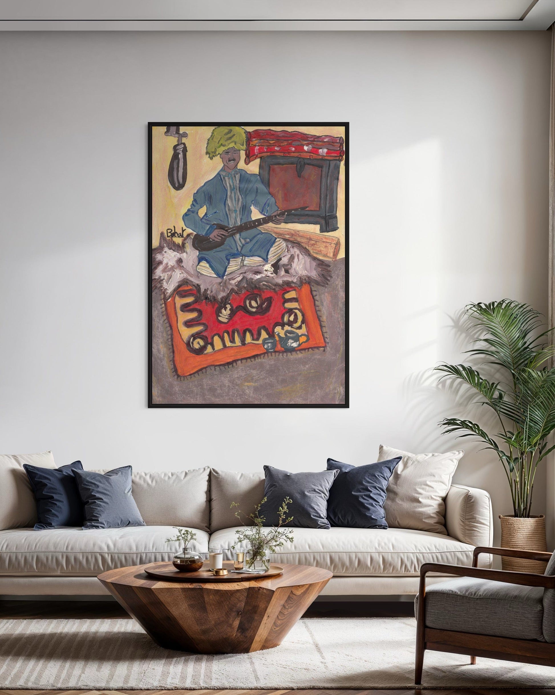 Living room with a colorful painting on the wall above a sofa.