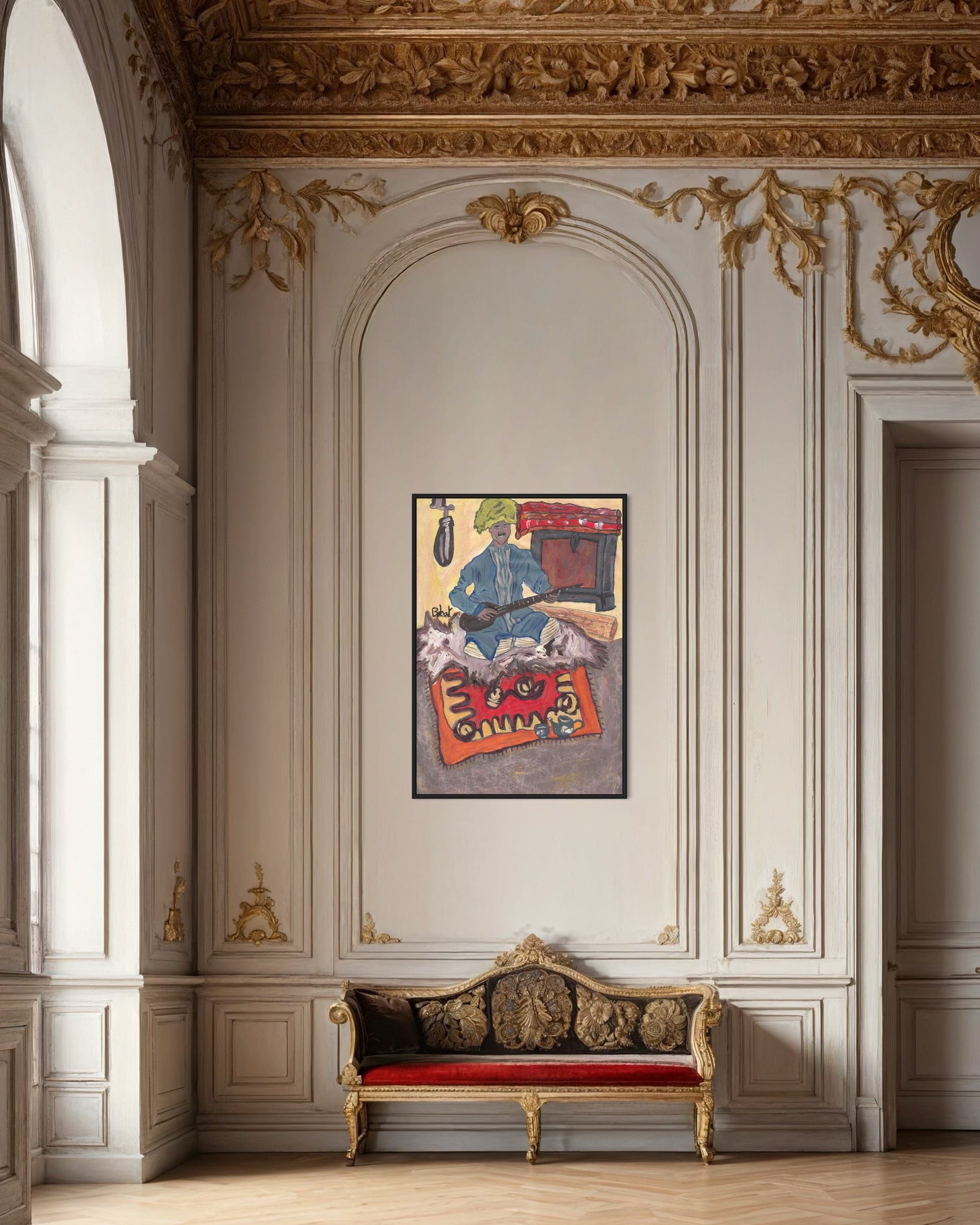 Decorative interior with a ornate gold ceiling, wall molding, and a bench.