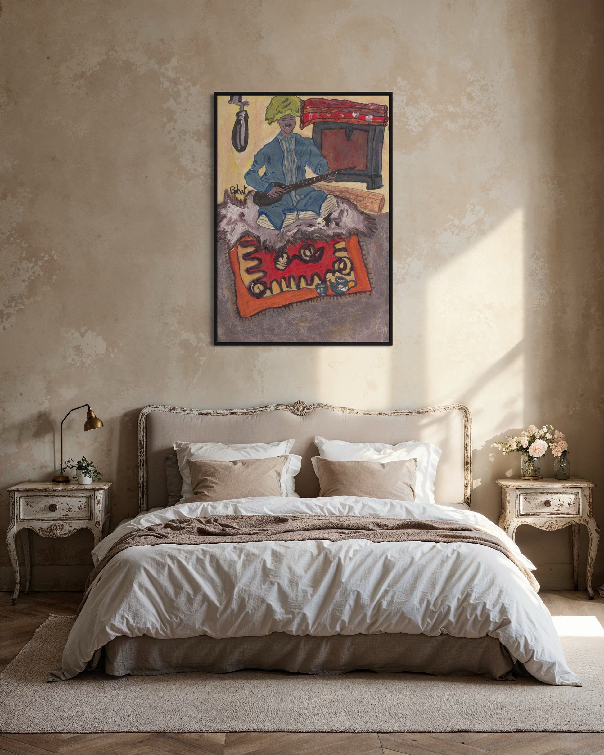 Bedroom with beige walls, a bed with white bedding, and a decorative painting above the bed.