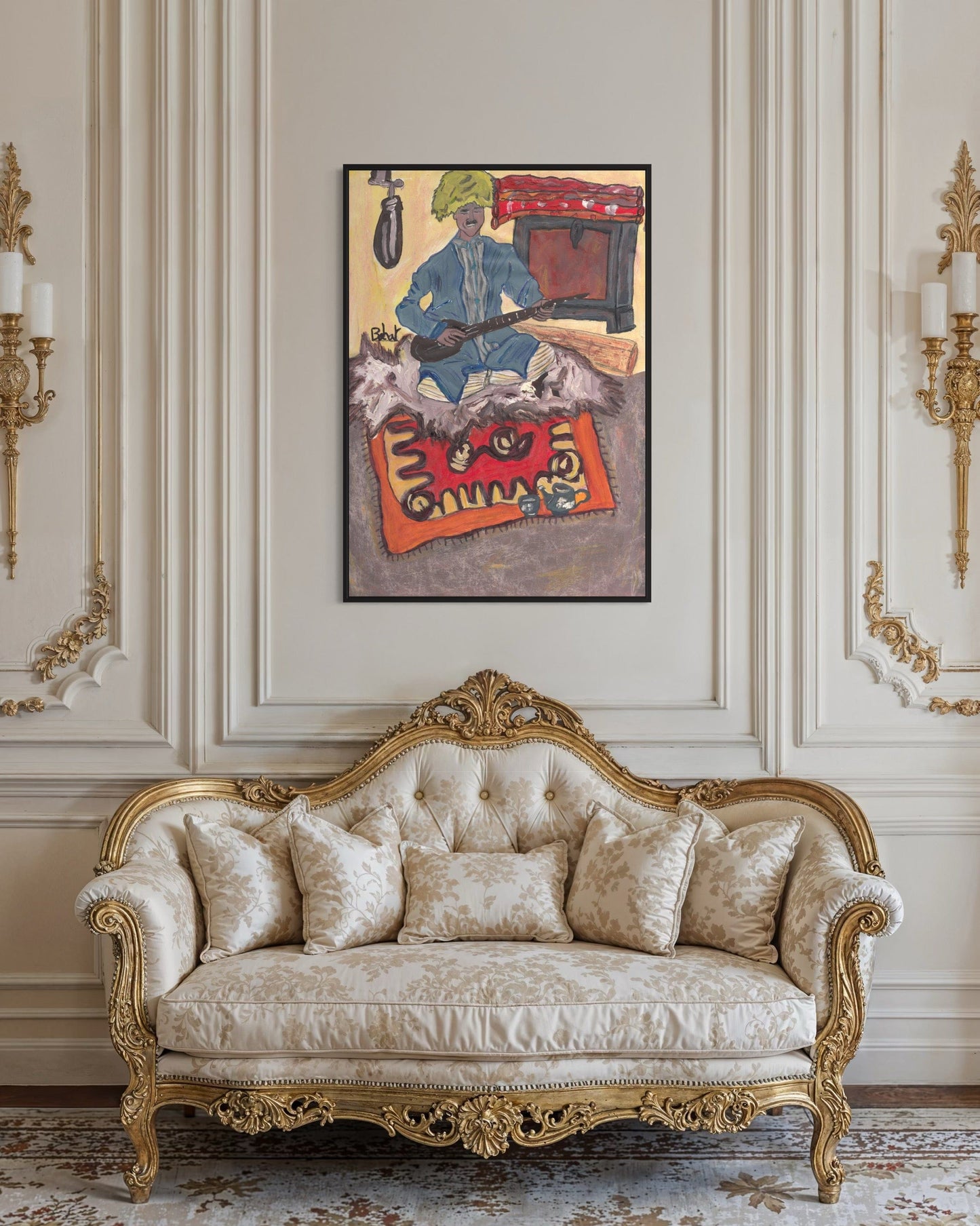 Decorative sofa in a room with ornate wall molding and a colorful painting above it.