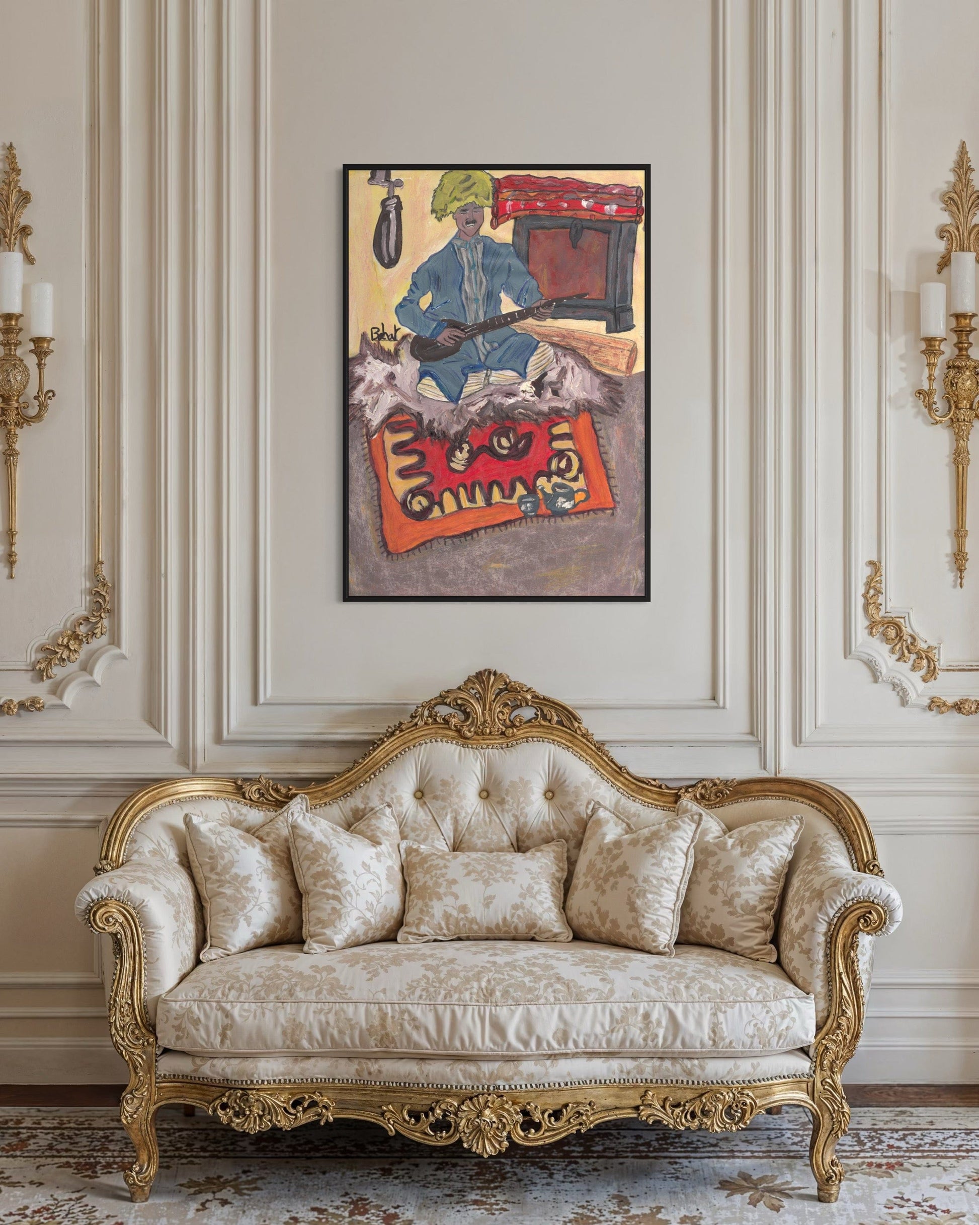 Decorative sofa in a room with ornate wall molding and a colorful painting above it.