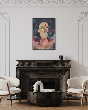 Living room with a fireplace and abstract art above it