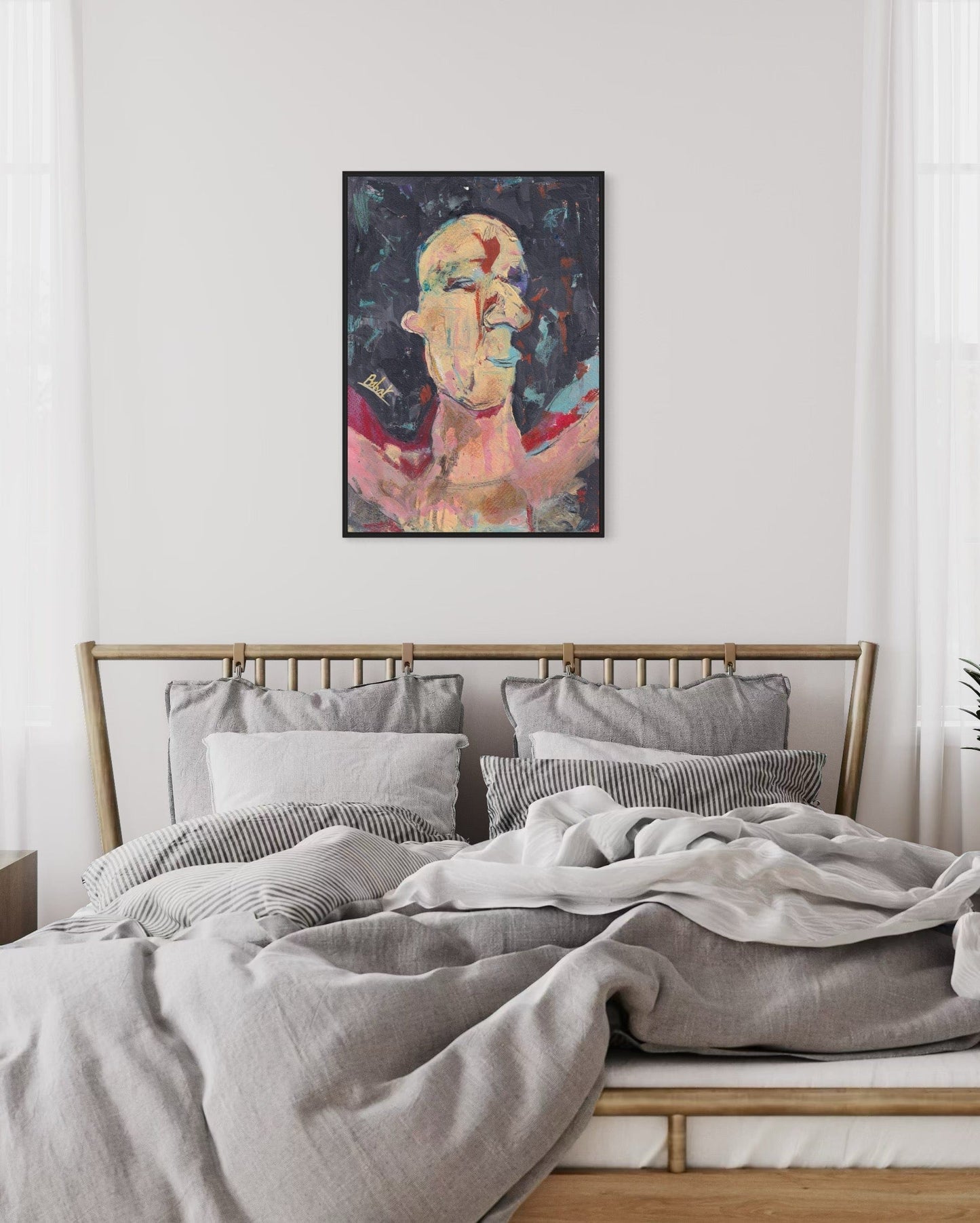 Bedroom with a bed and a colorful abstract painting on the wall.