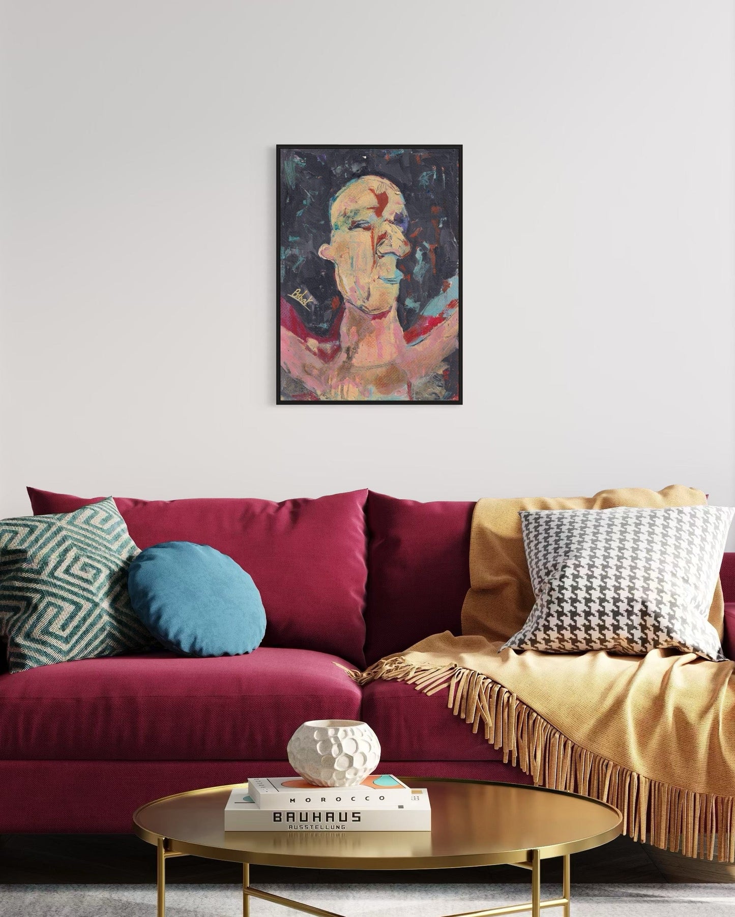 Living room with a colorful sofa, coffee table, and abstract painting on the wall.