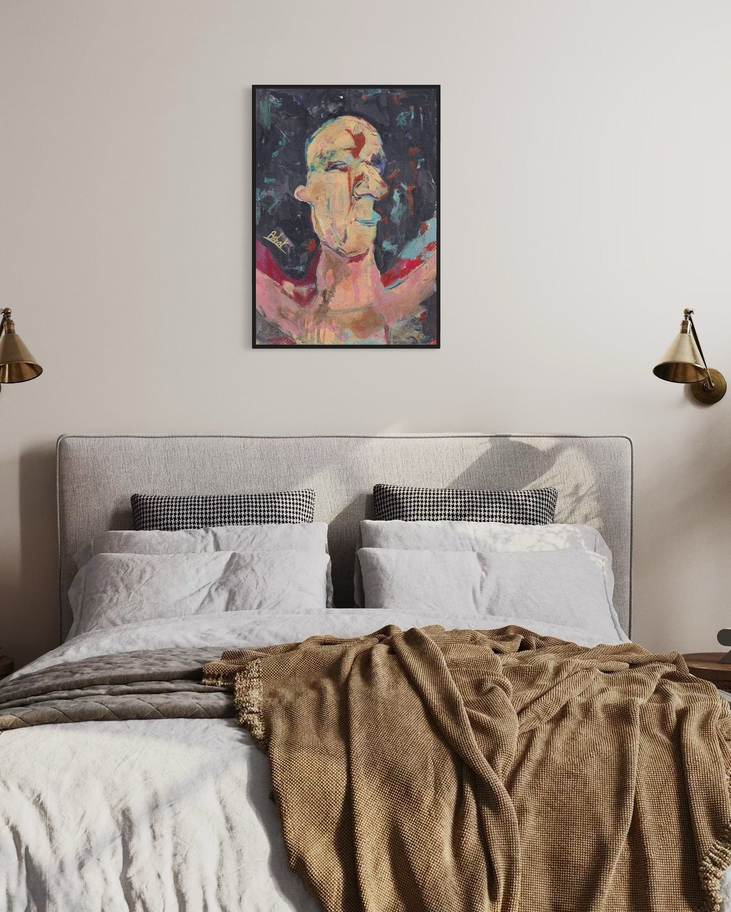 Bedroom with a colorful abstract painting above the bed
