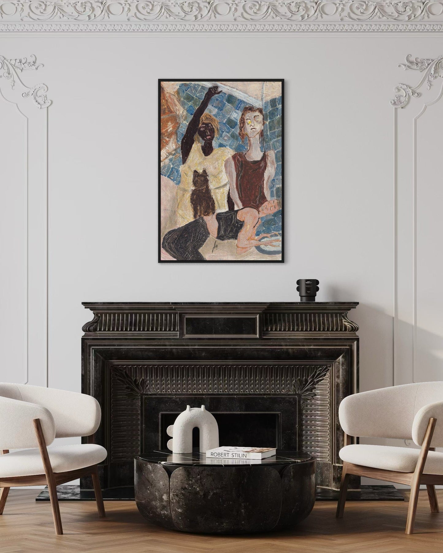 Living room with a fireplace and abstract art above it