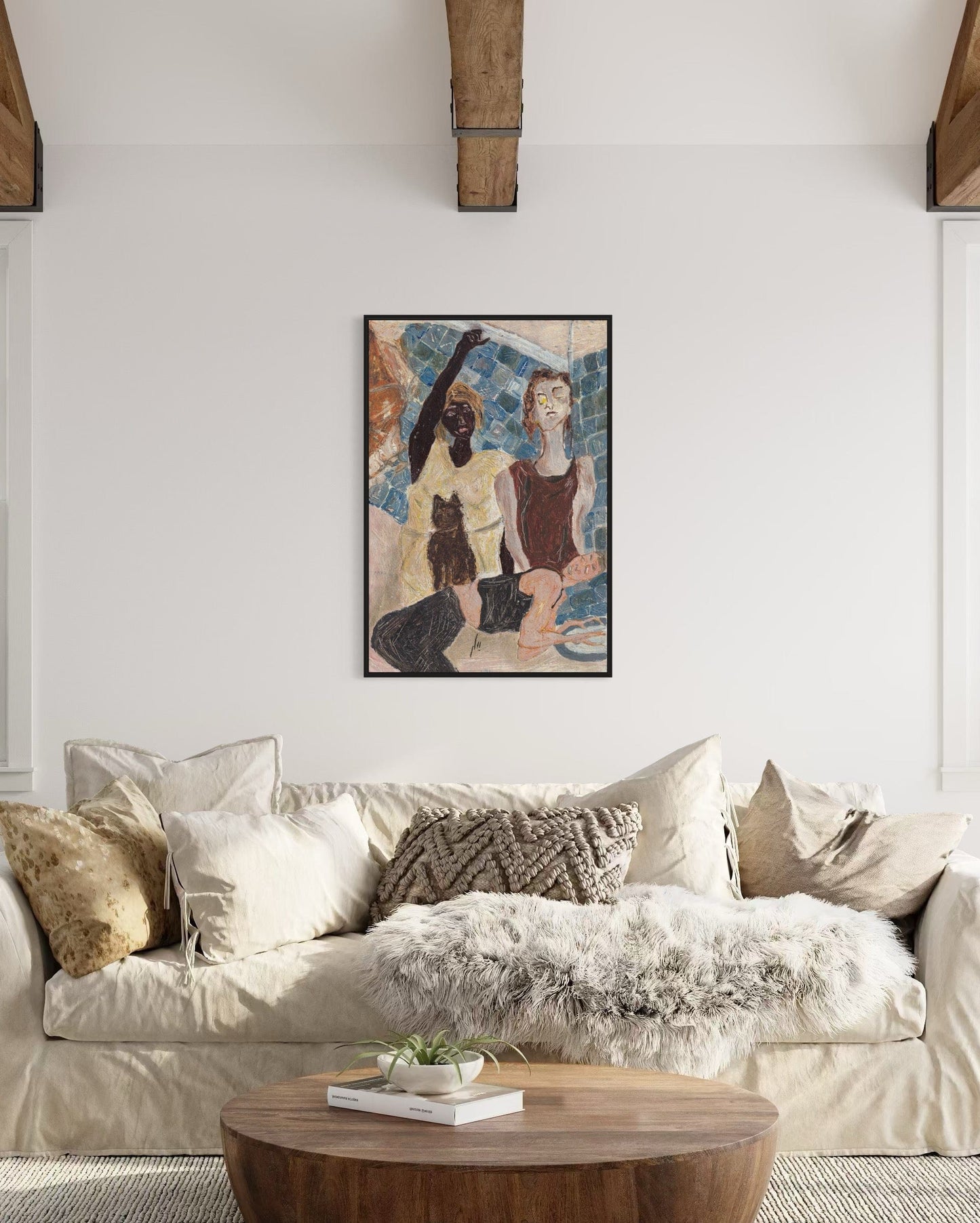 Living room with a beige sofa, wooden coffee table, and abstract artwork on the wall.