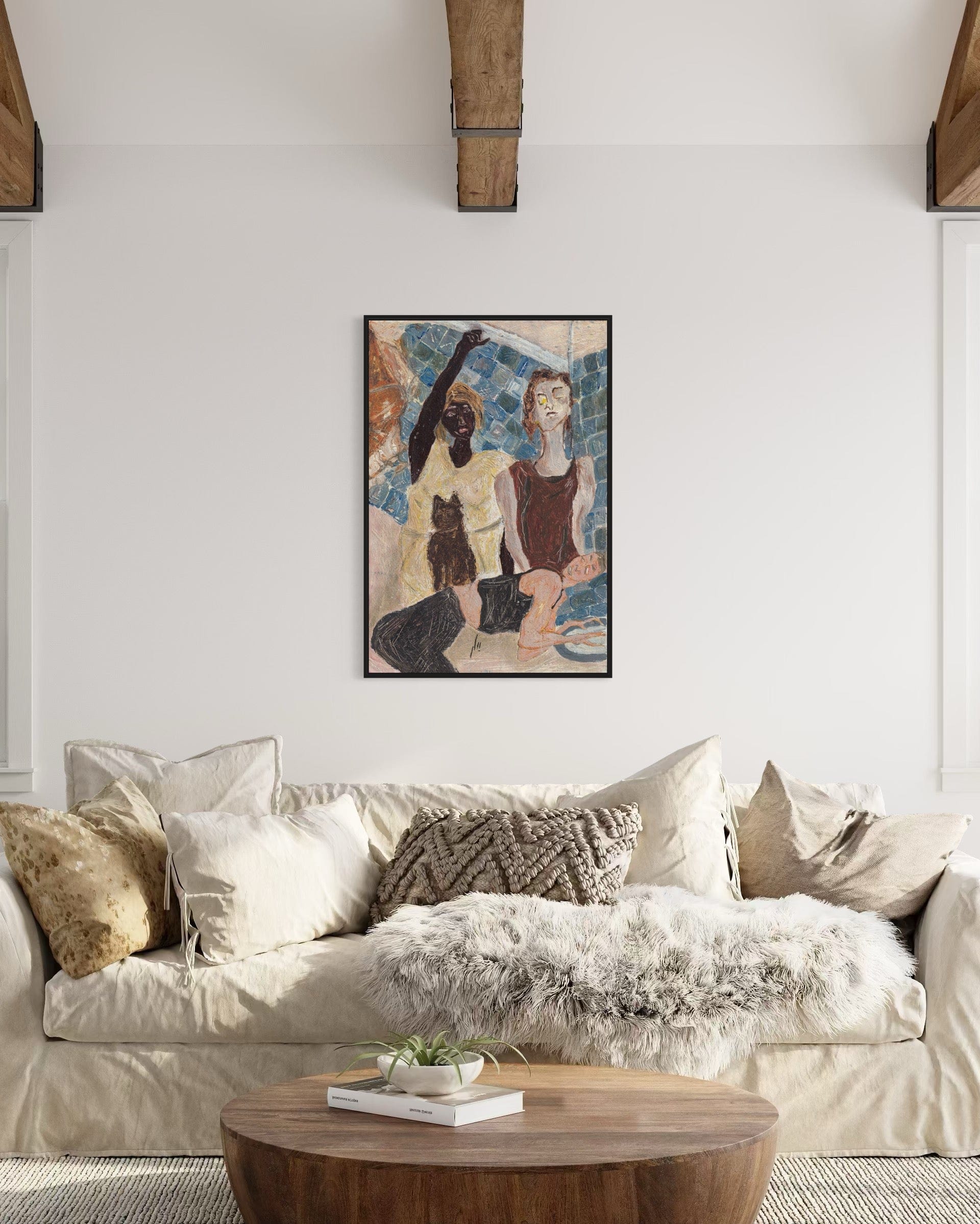 Living room with a beige sofa, wooden coffee table, and abstract artwork on the wall.