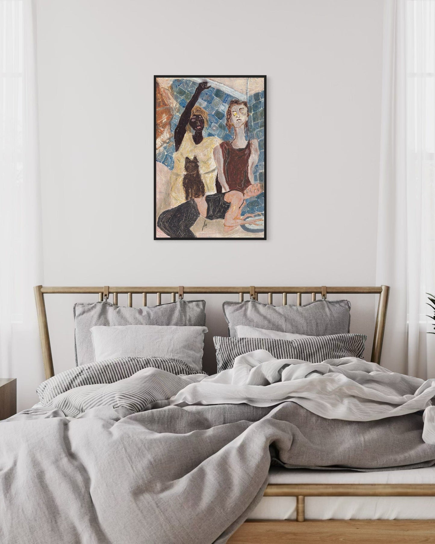 Bedroom with a bed and wall art featuring two people and a dog.