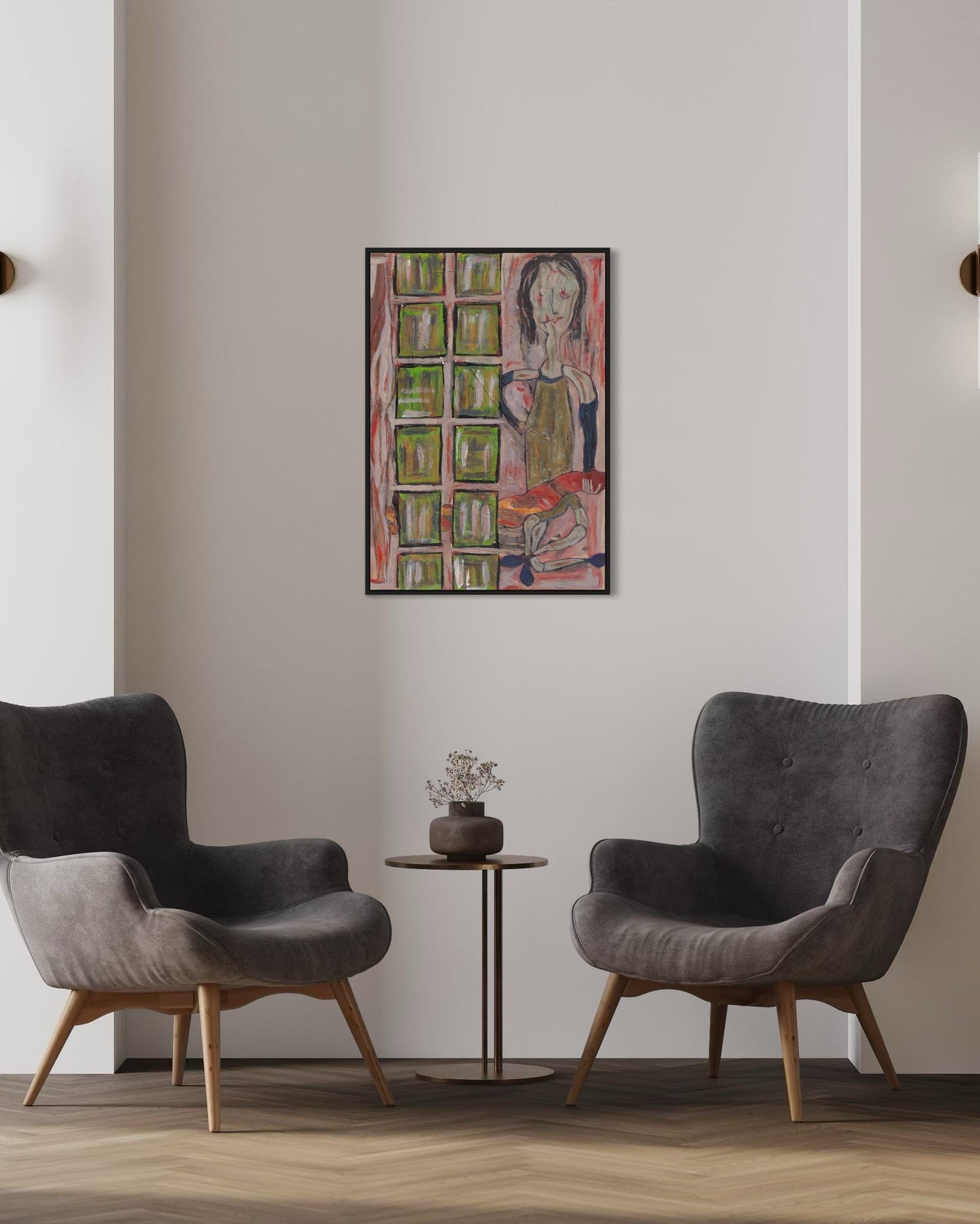Two gray armchairs in a room with a colorful abstract painting on the wall.