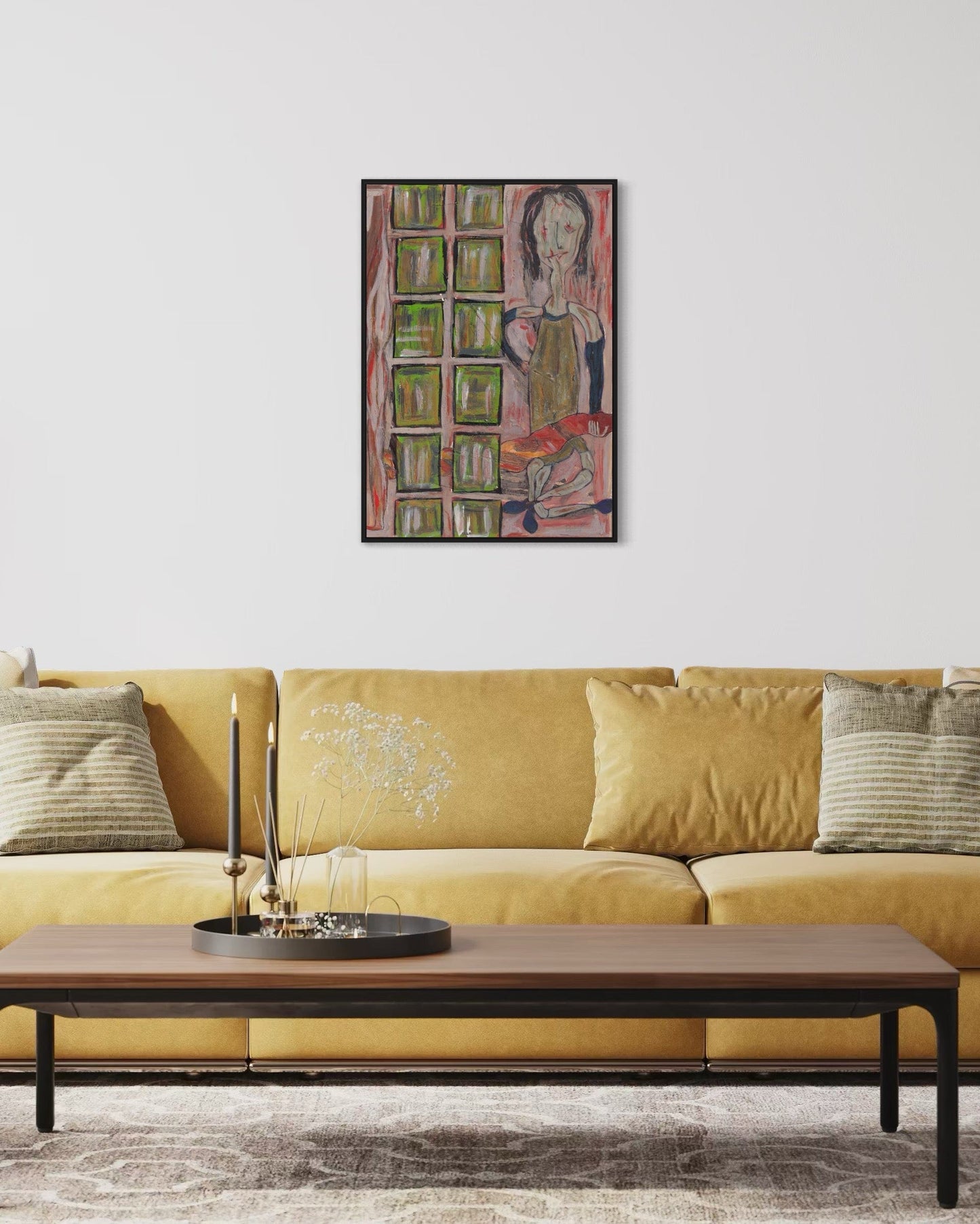 Yellow sofa with a coffee table and a colorful abstract painting on the wall.