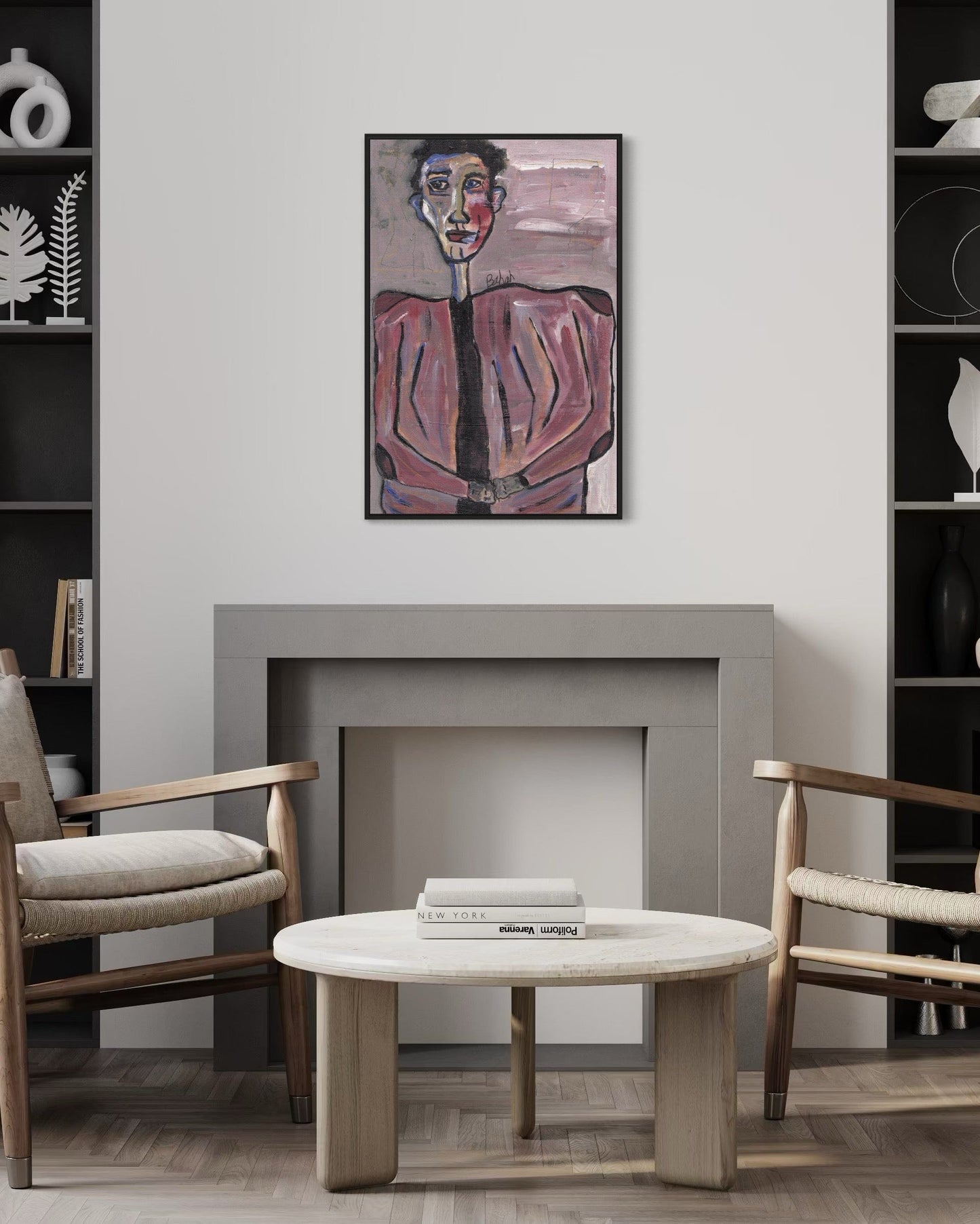 Living room with a fireplace, coffee table, chairs, and a painting on the wall.