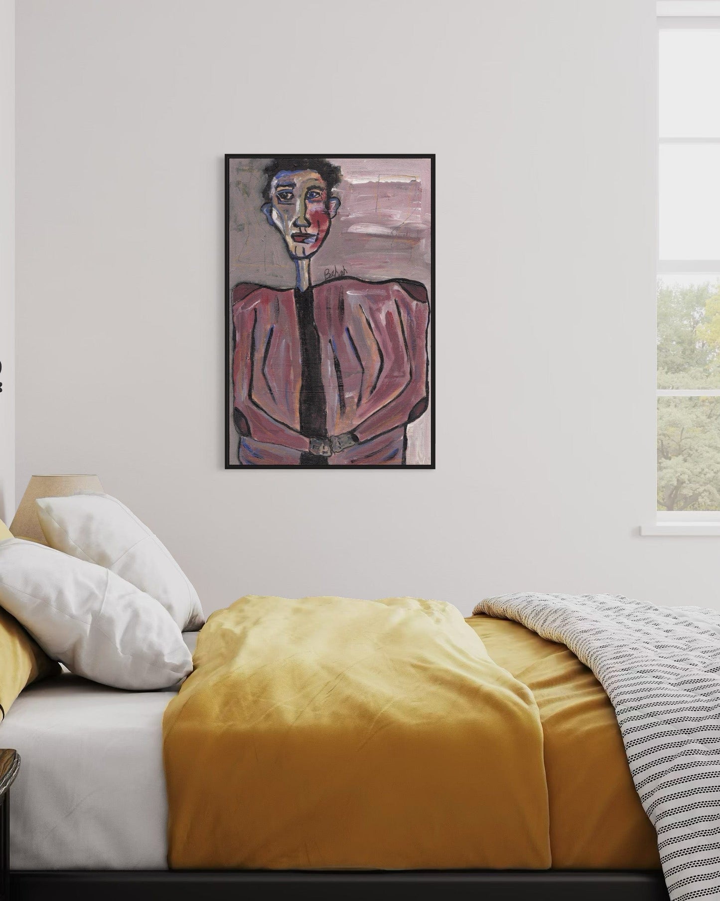 Bedroom with a painting of a person in a pink outfit on the wall.