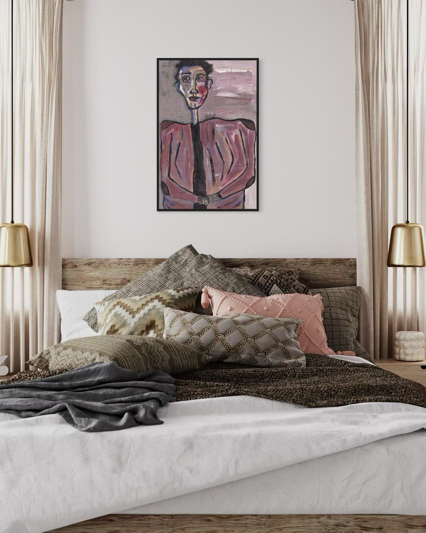 Bedroom with a bed featuring patterned pillows, a wooden headboard, and a framed painting on the wall.
