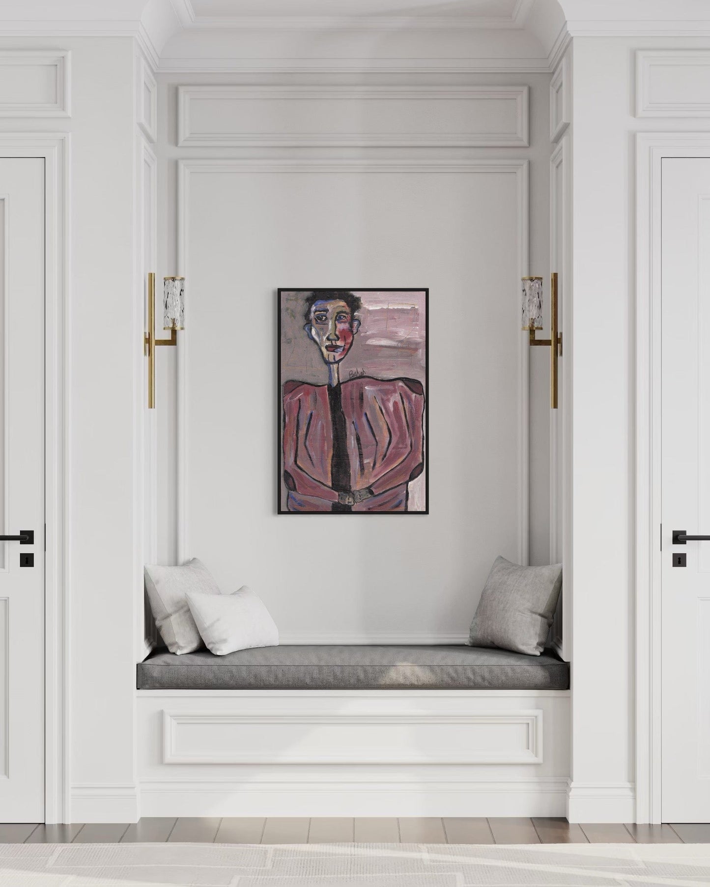 Decorative painting above a bench in a stylish interior setting.