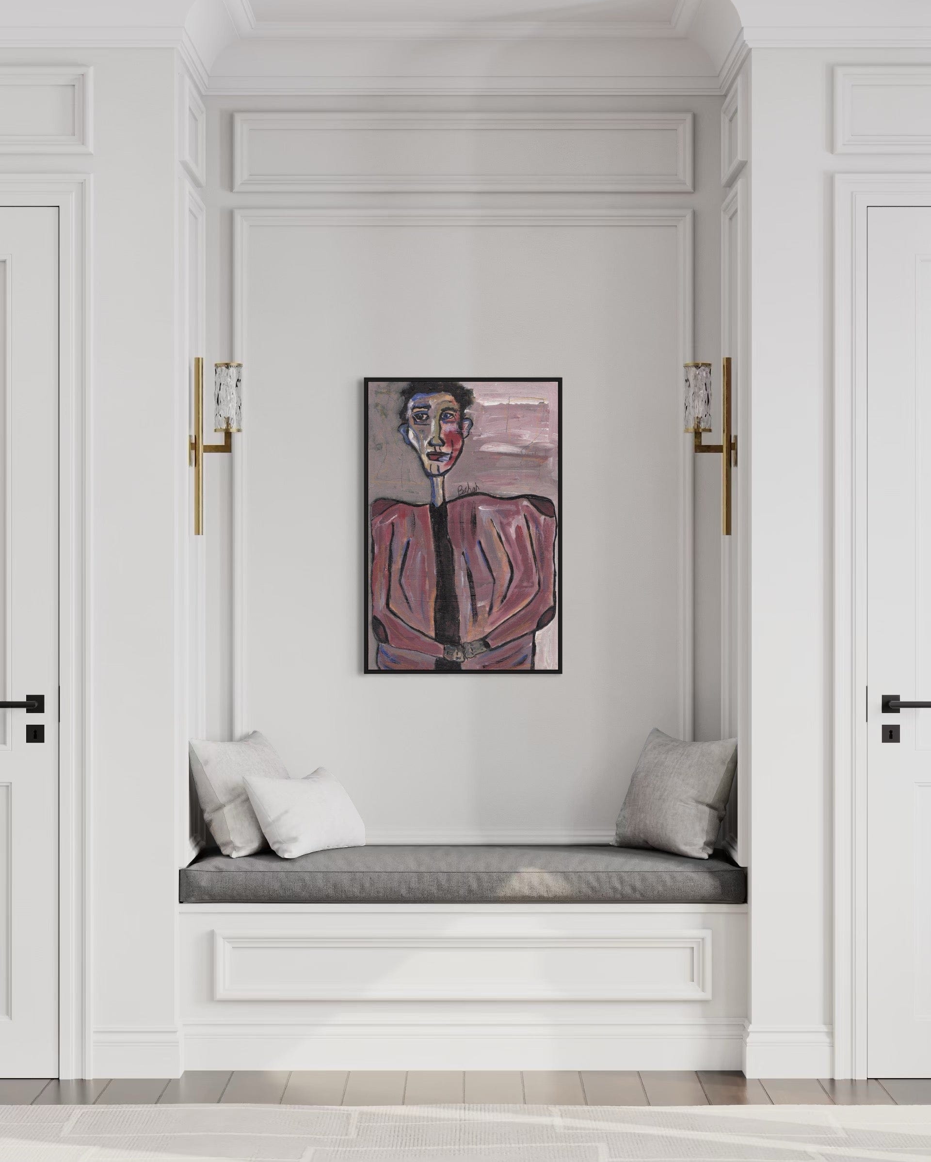 Decorative painting above a bench in a stylish interior setting.