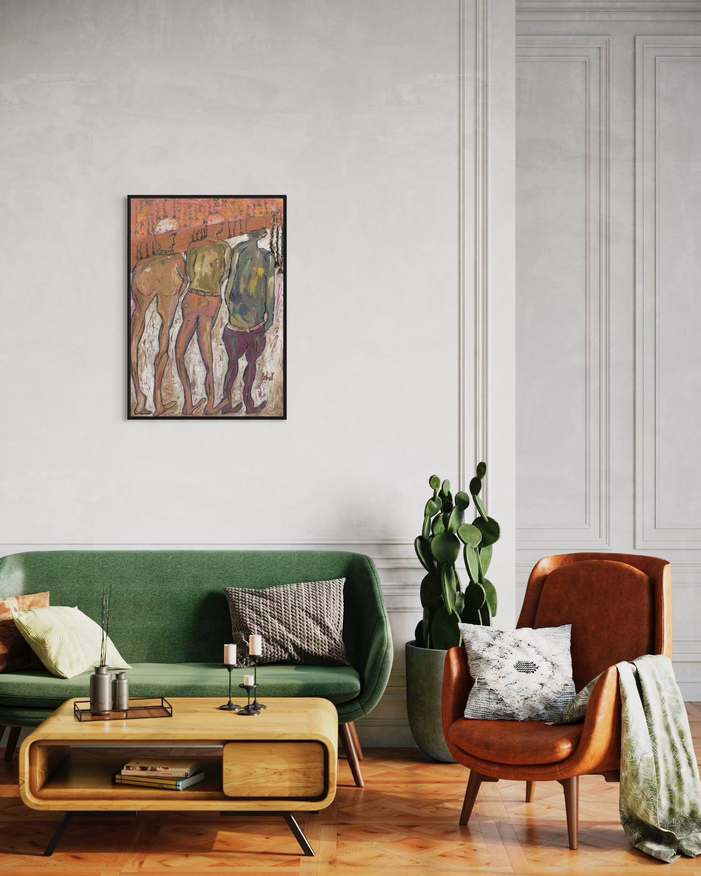 Living room with green sofa, wooden coffee table, and brown armchair.
