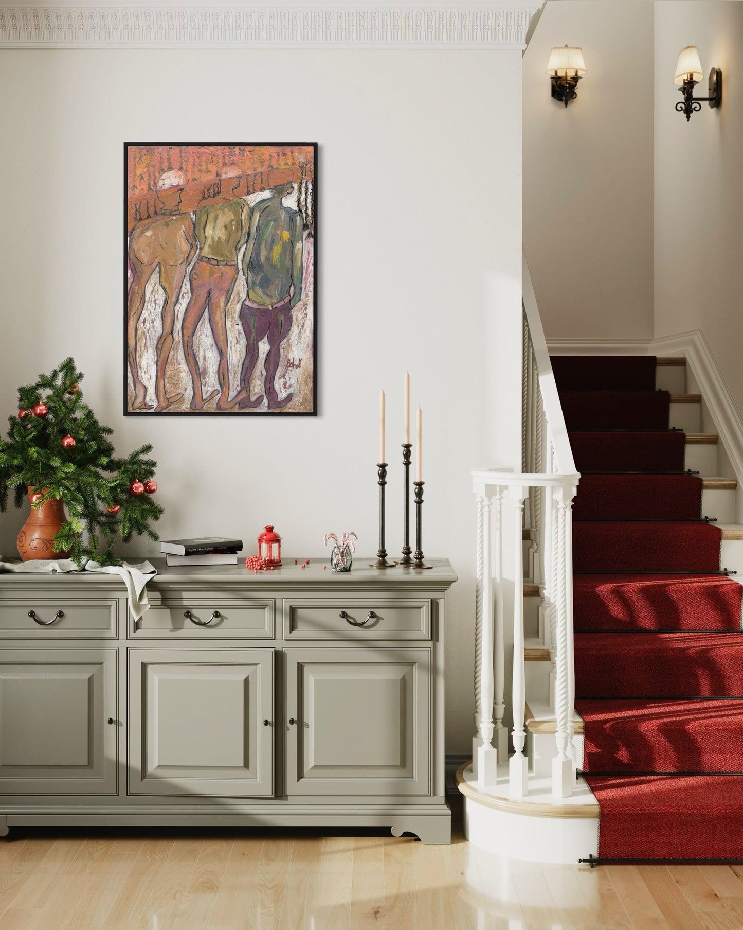 Staircase with red carpet, sideboard, and Christmas tree in a home interior.