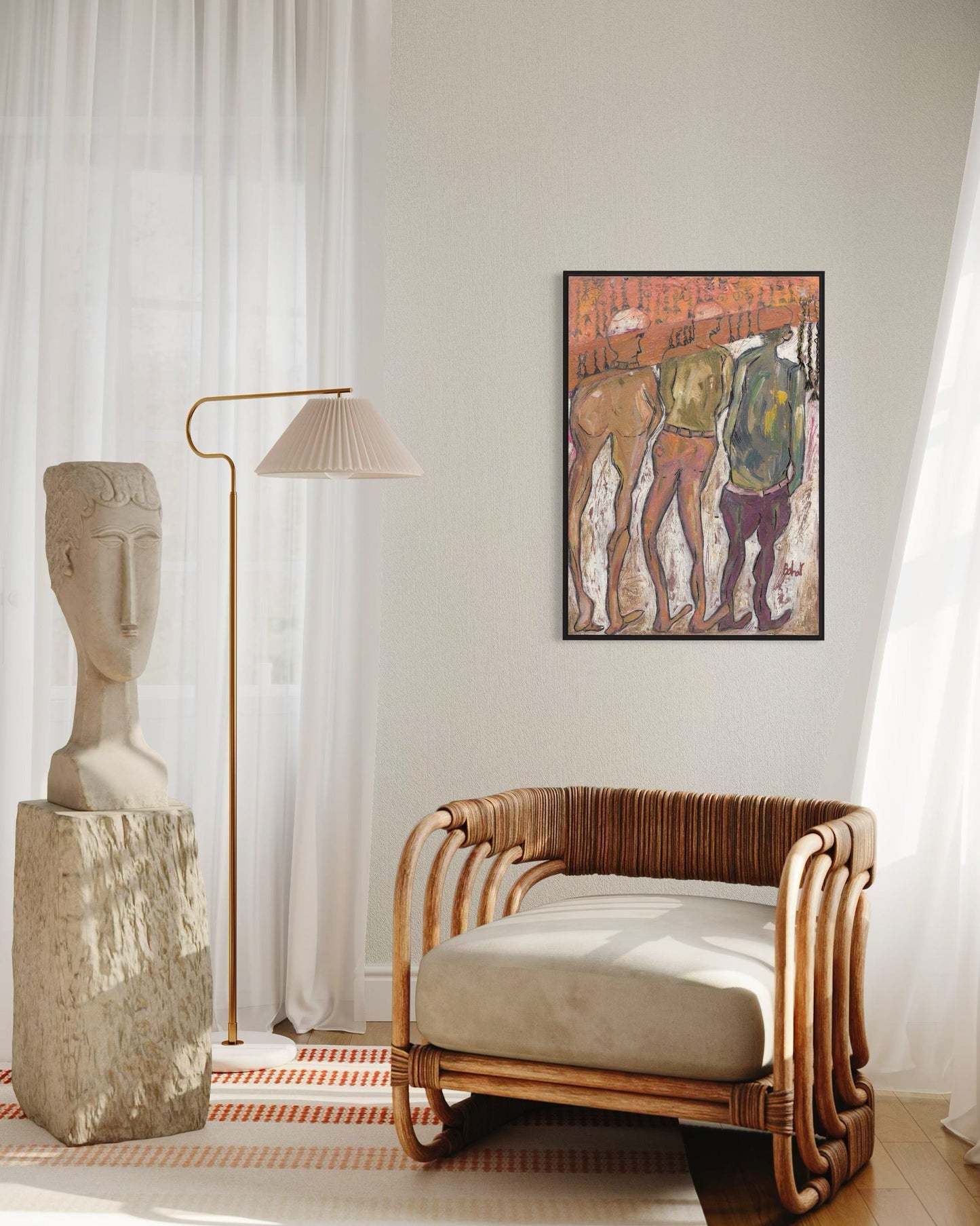 Modern interior with a wicker chair, abstract painting, and sculpture.