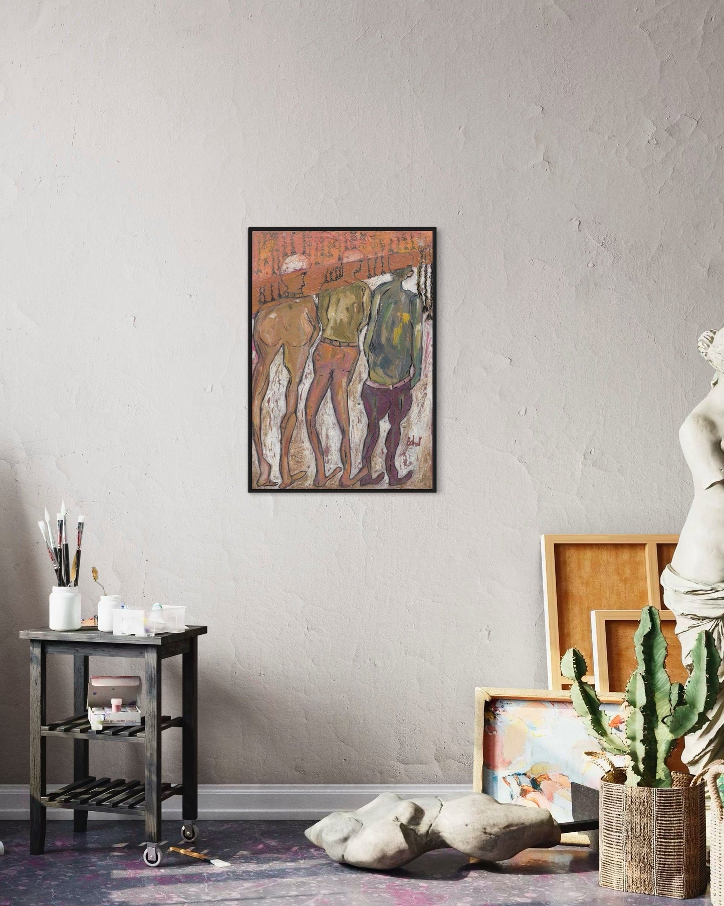 Room interior with a painting of two horses on the wall, a small table, and decorative items.