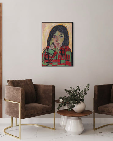 Modern living room with brown armchairs, a small table with a plant, and a framed portrait on the wall.