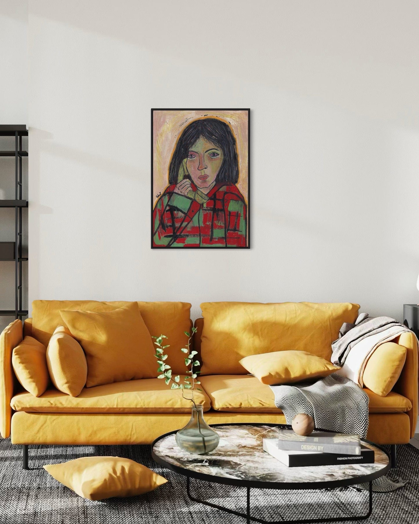 Yellow sofa in a living room with a painting on the wall