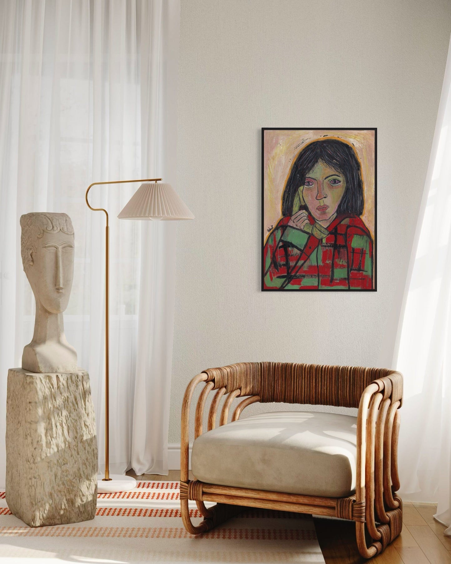 Modern interior with a wicker chair, abstract painting, and sculpture.