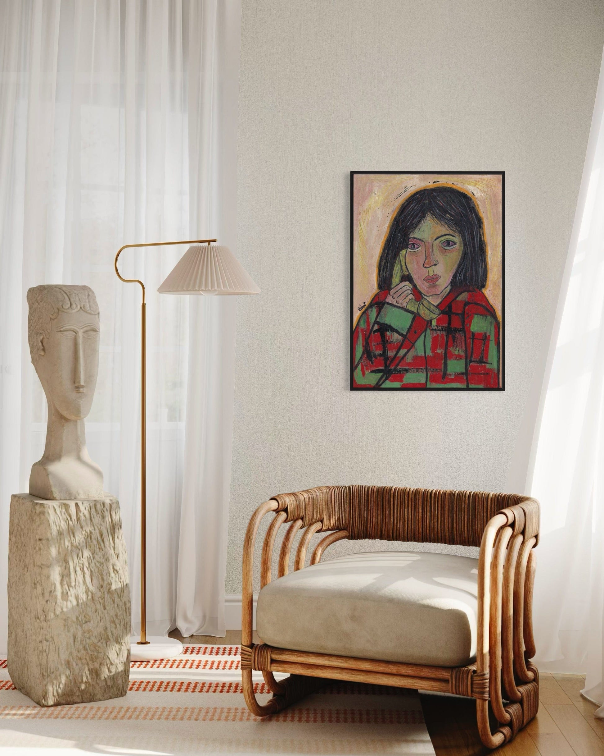 Modern interior with a wicker chair, abstract painting, and sculpture.