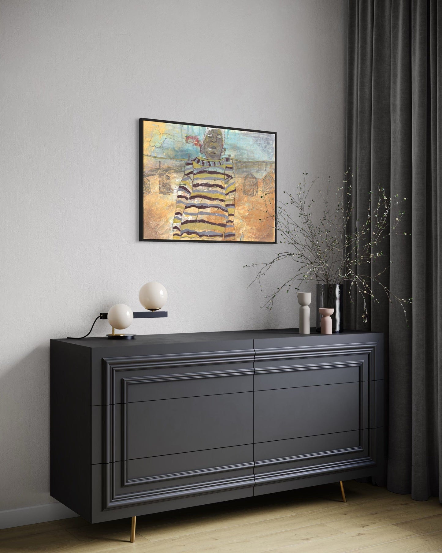 Modern interior with a dark gray sideboard, abstract painting, and decorative items.