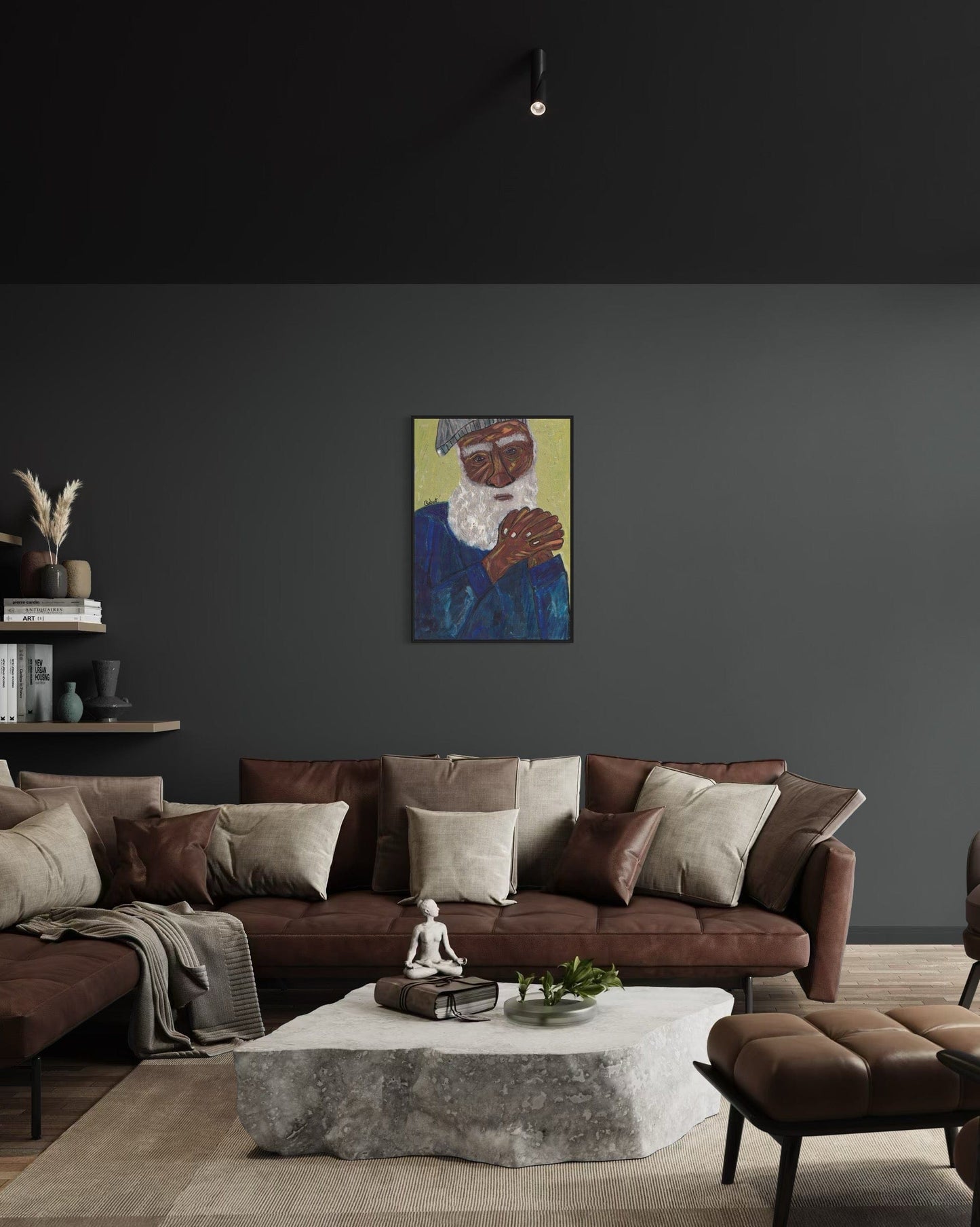Living room with a brown sectional sofa, coffee table, and wall art.