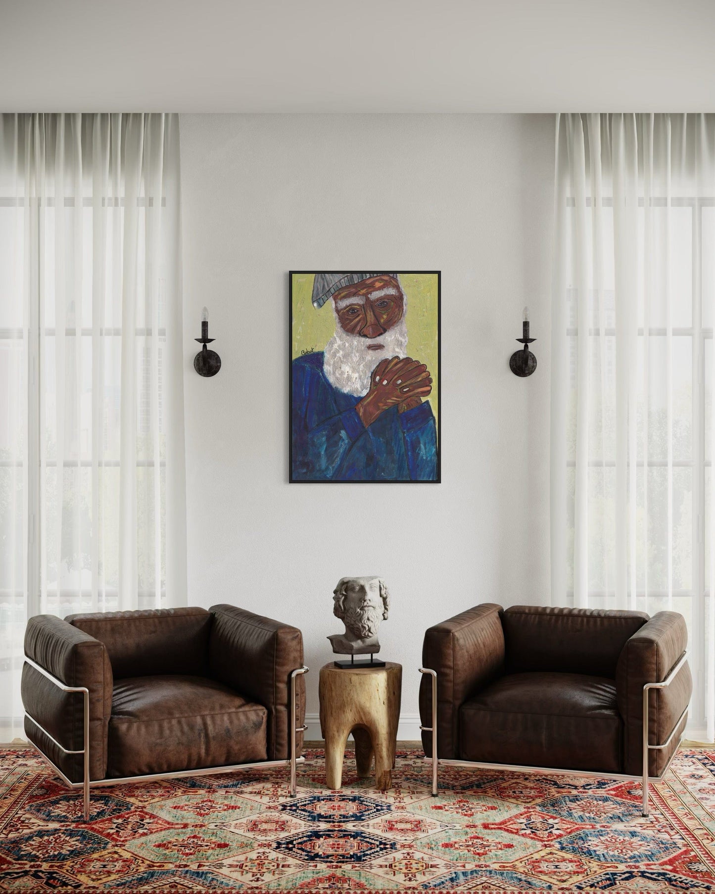 Modern living room with two brown leather chairs, a small table, and a colorful rug.