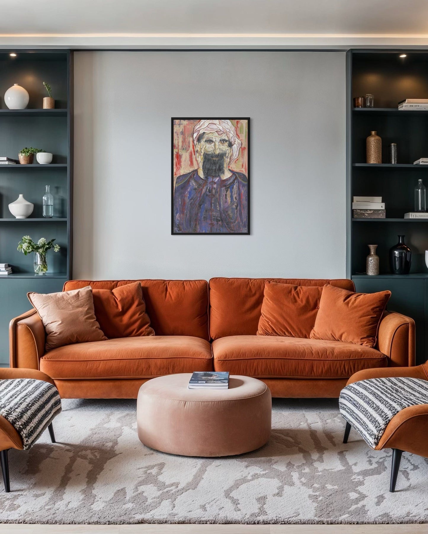 Modern living room with orange sofa, ottoman, and wall art.