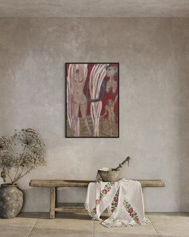 Artistic depiction of a woman with a child on a textured wall above a wooden bench with a floral cloth.