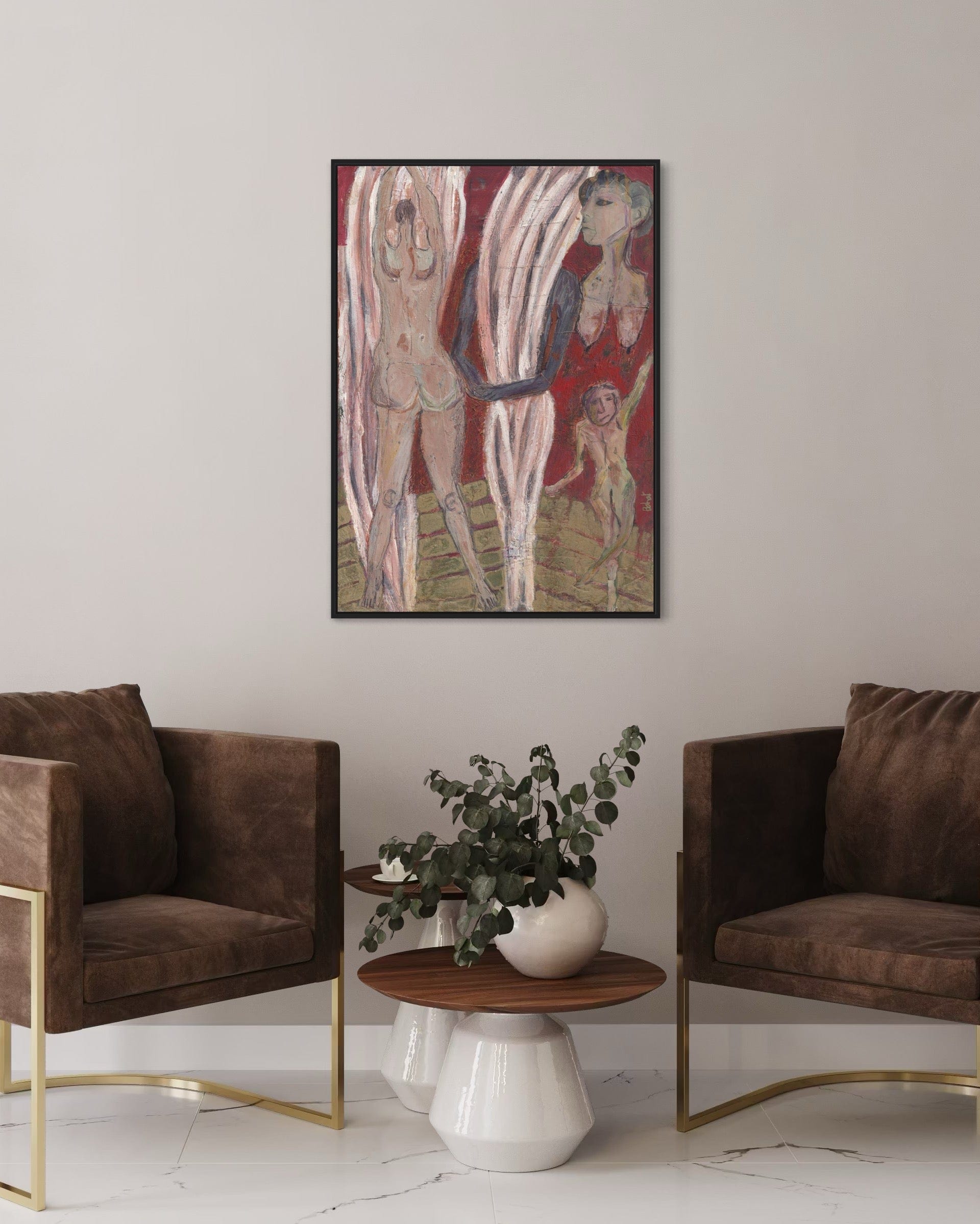 Modern living room with brown armchairs, a small table with a plant, and a framed artwork on the wall.