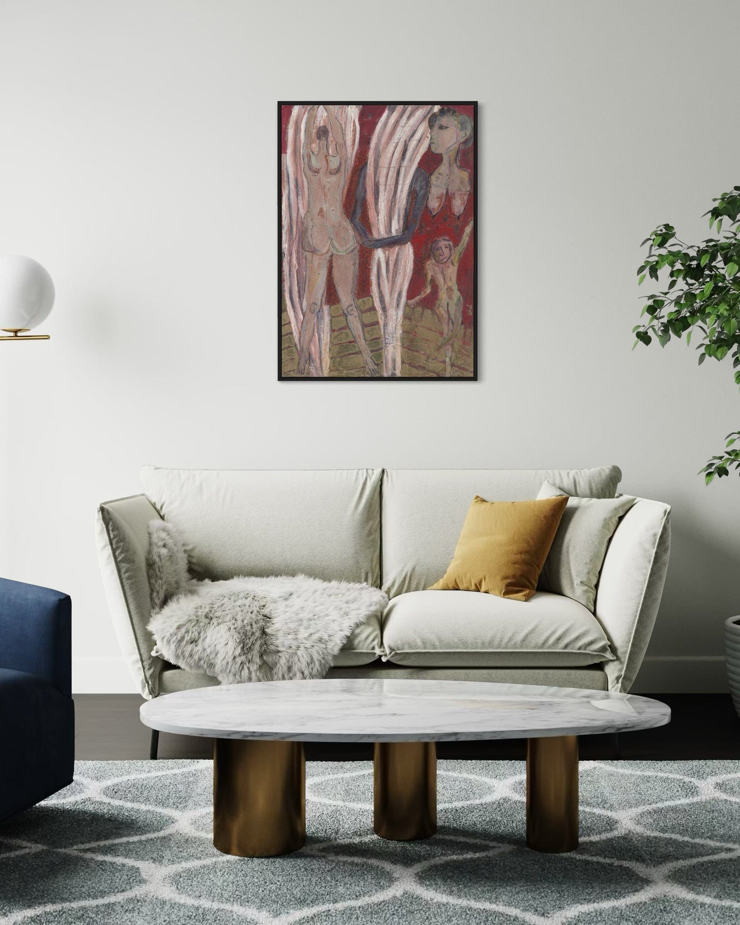 Living room with a gray sofa, marble coffee table, and abstract painting on the wall.
