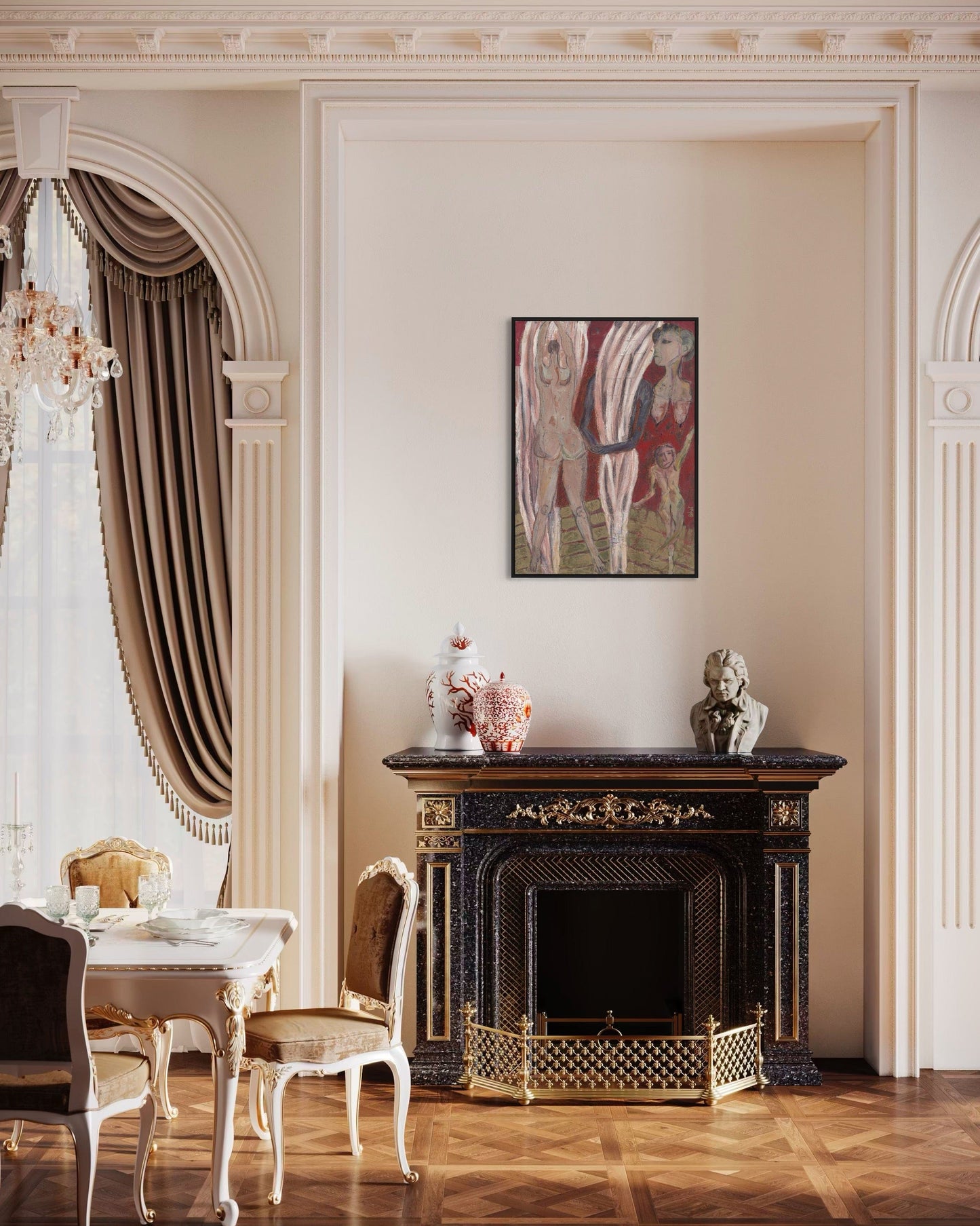 Elegant interior with a fireplace, table, and chairs in a classical style room.