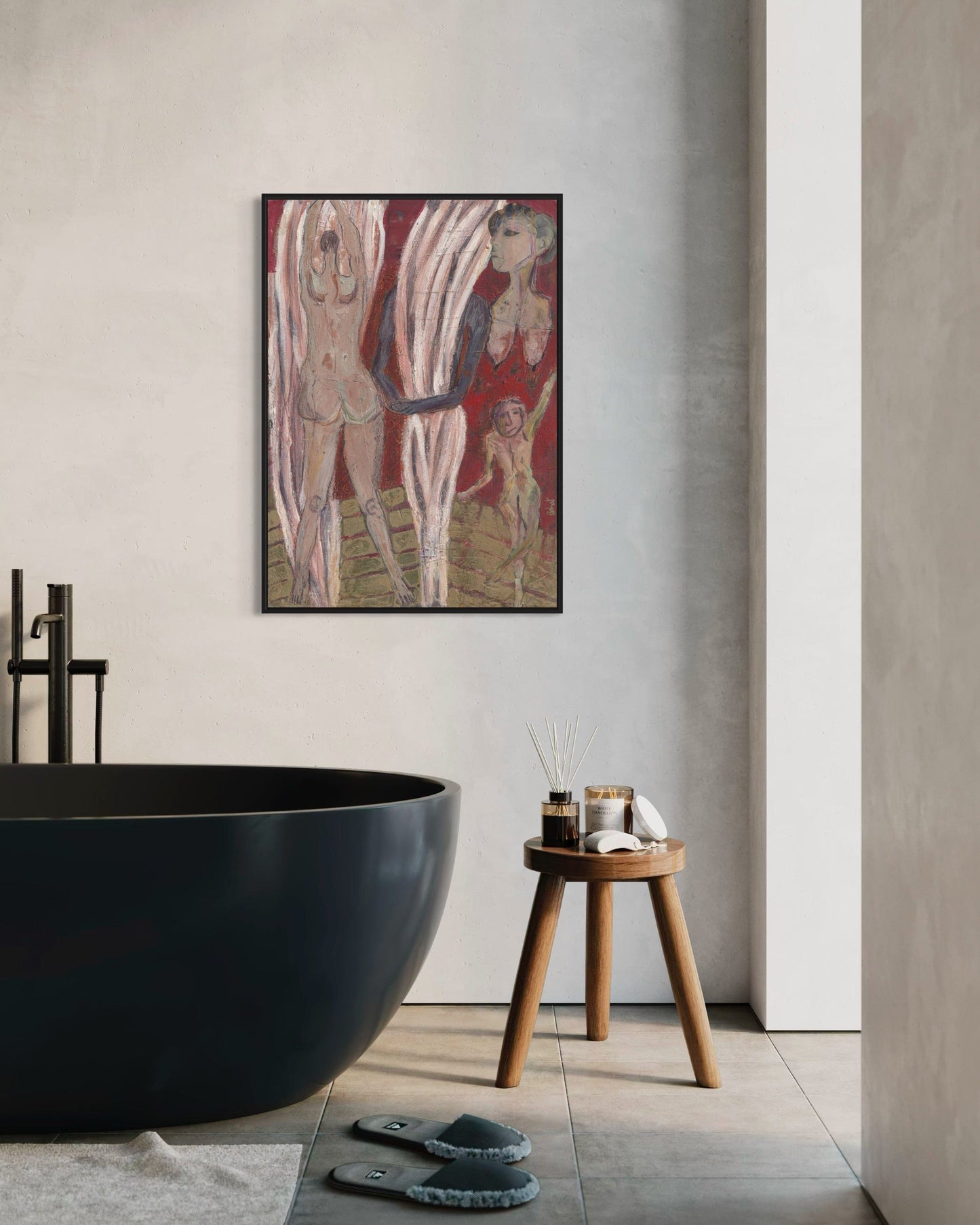 Bathroom interior with a black freestanding bathtub, wooden stool, and abstract painting on the wall.