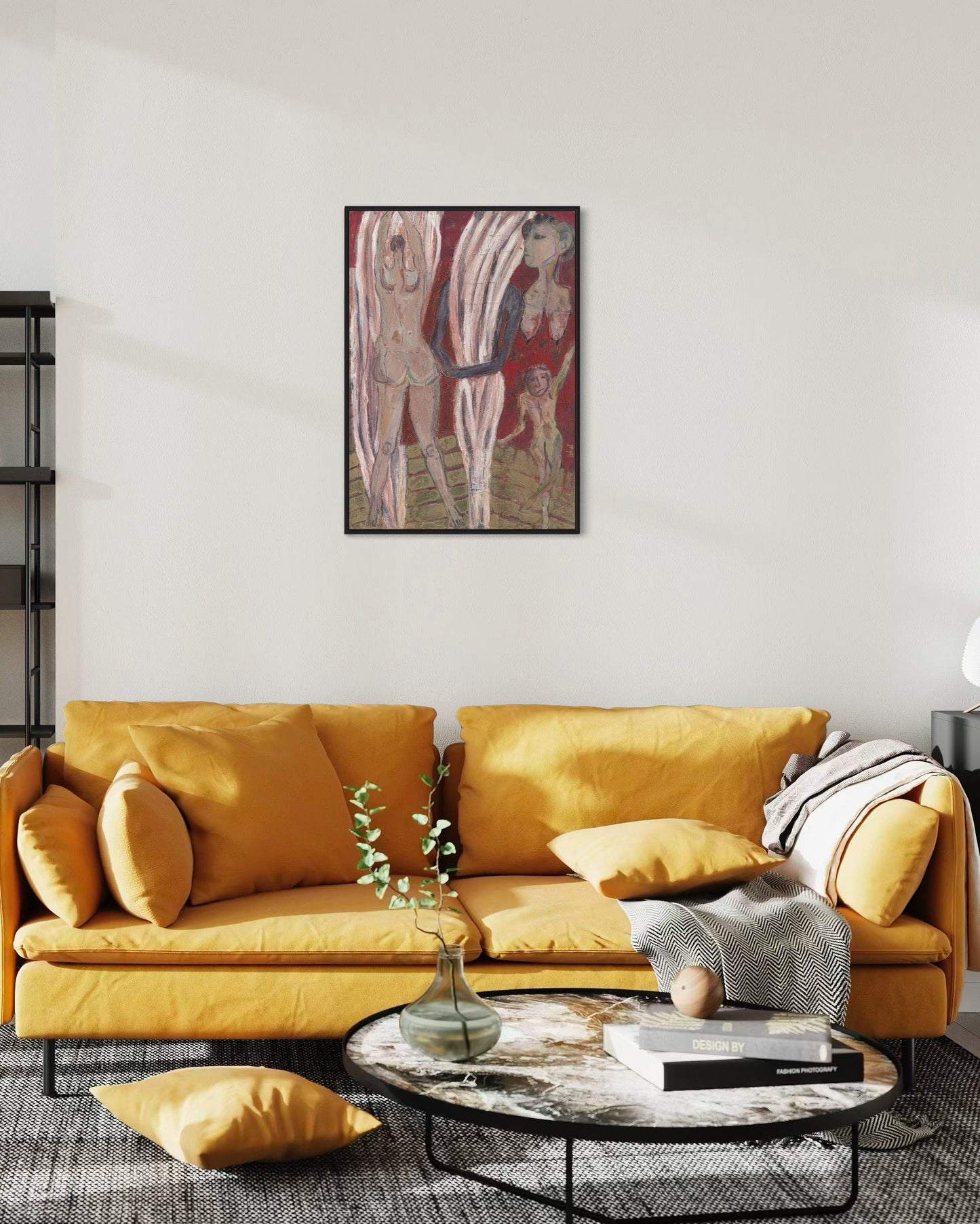 Modern living room with a yellow sofa, marble coffee table, and abstract art on the wall.