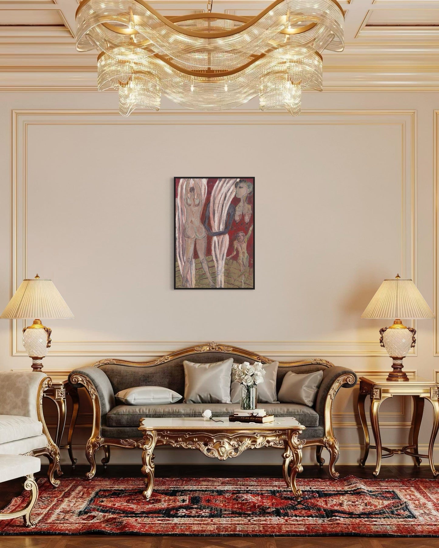 Luxurious living room with ornate furniture, chandelier, and wall art.
