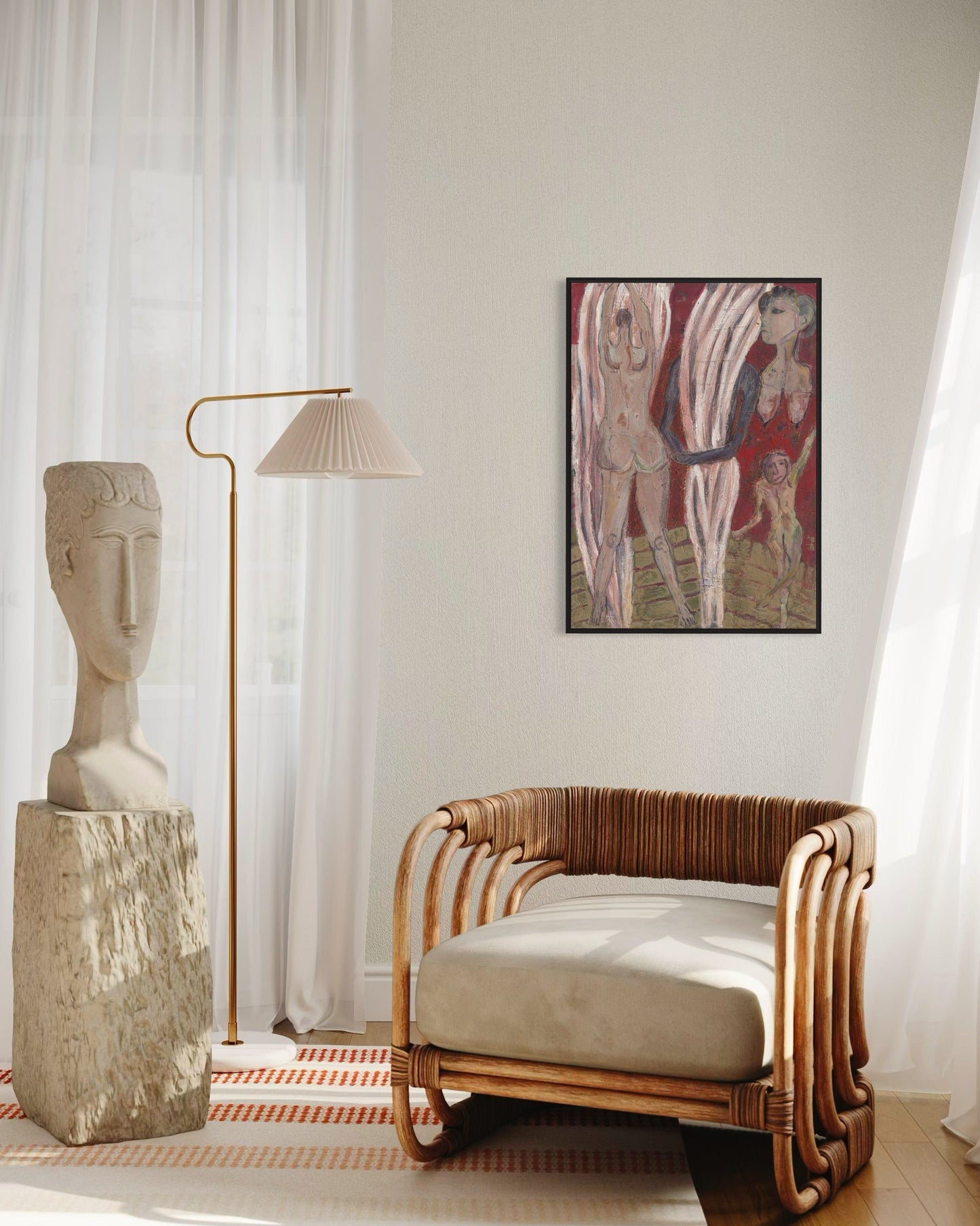 Modern interior with a wicker chair, sculpture, lamp, and abstract painting.