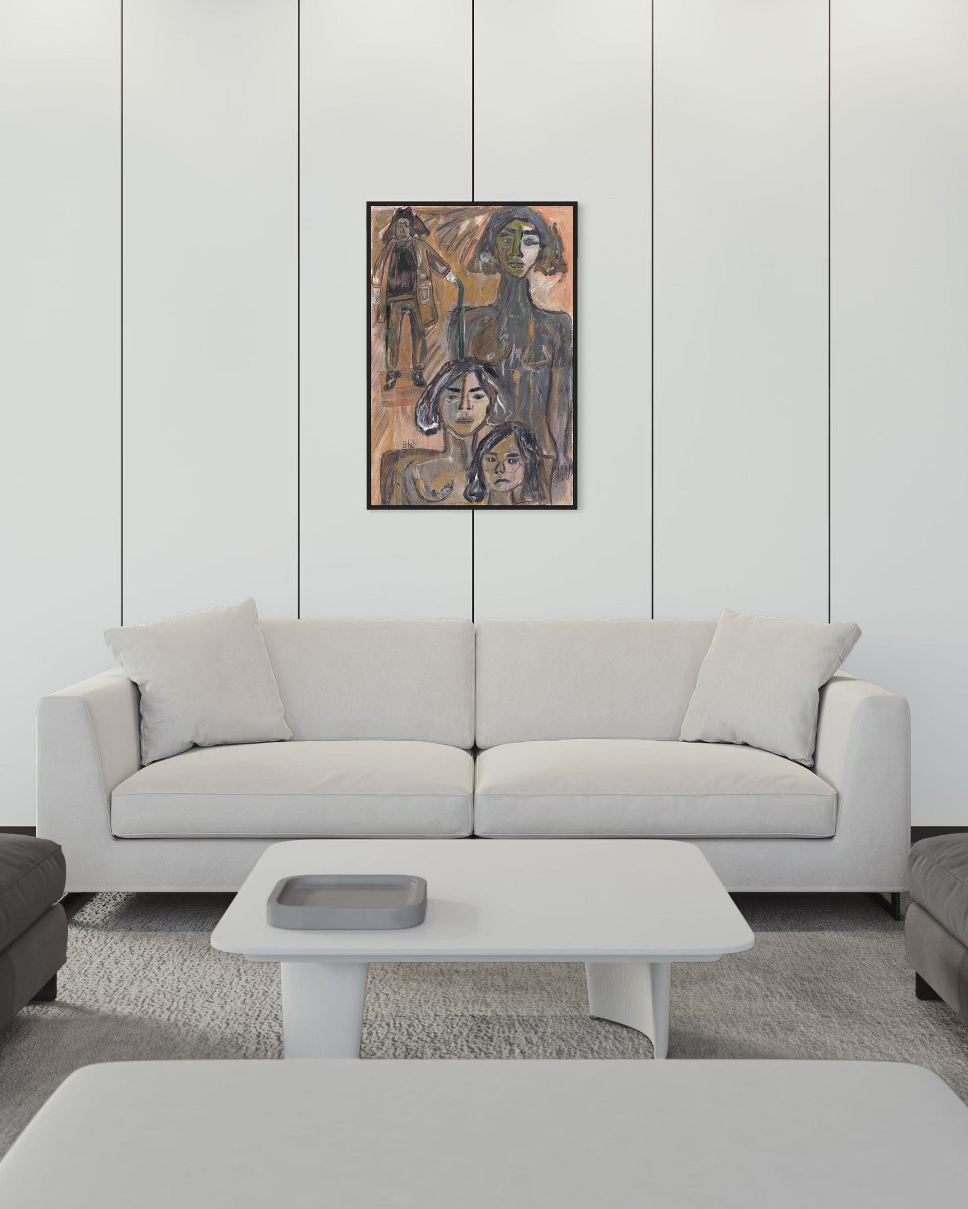 Modern living room with a gray sofa, coffee table, and abstract painting on the wall.