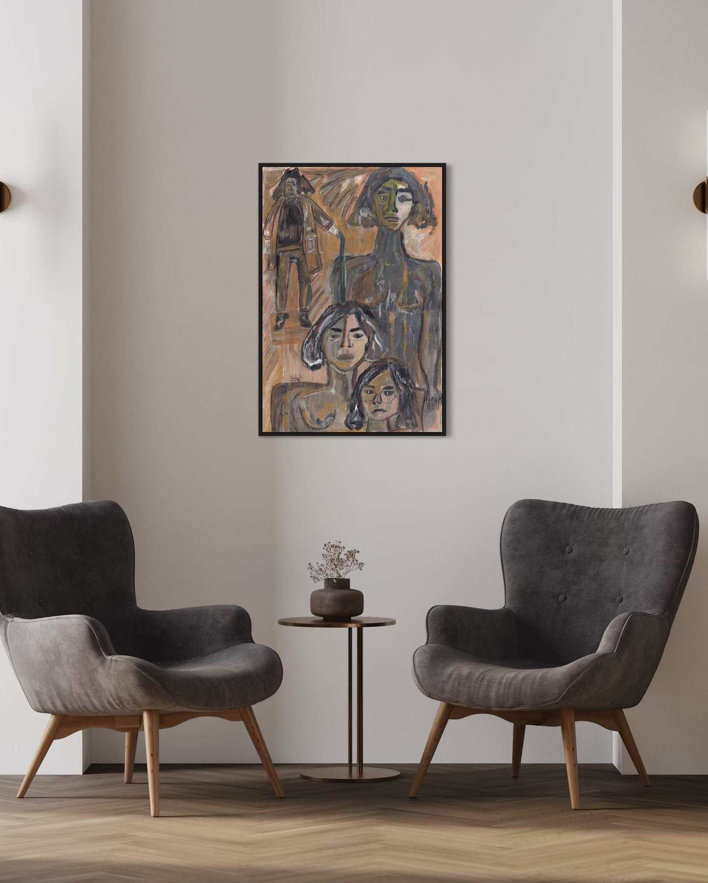 Two gray armchairs in a room with a framed abstract painting on the wall.