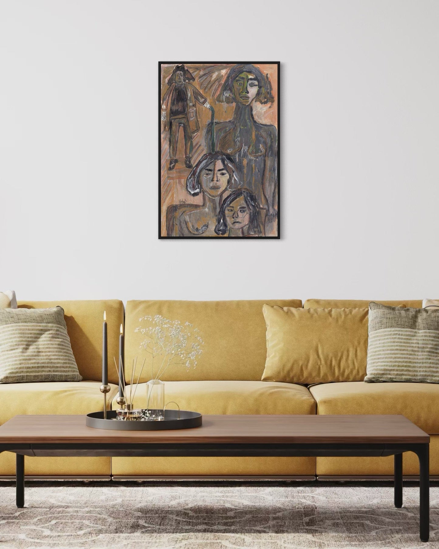 Yellow sofa with a wooden coffee table and abstract art on the wall