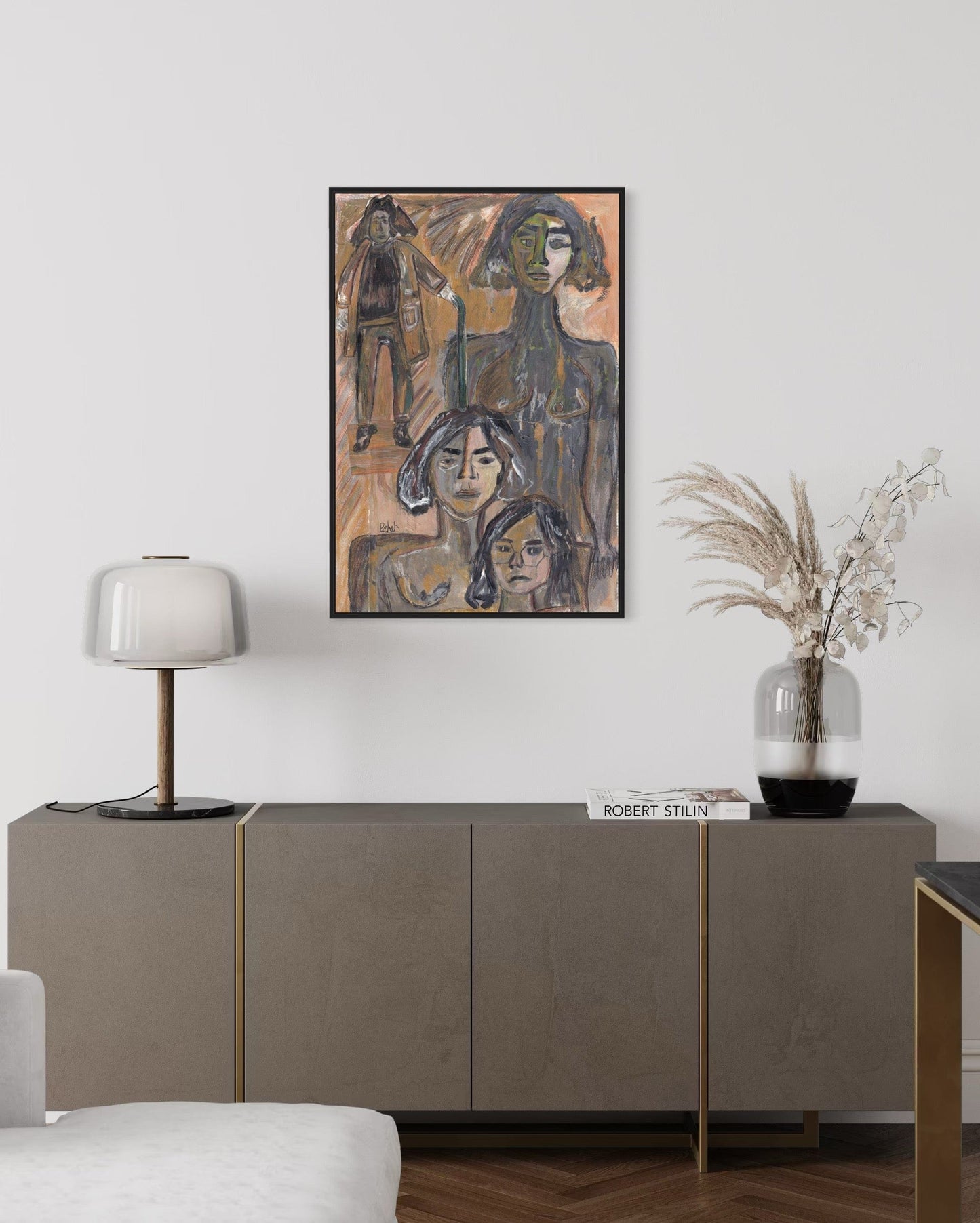 Living room with a sideboard, lamp, and abstract painting on the wall.