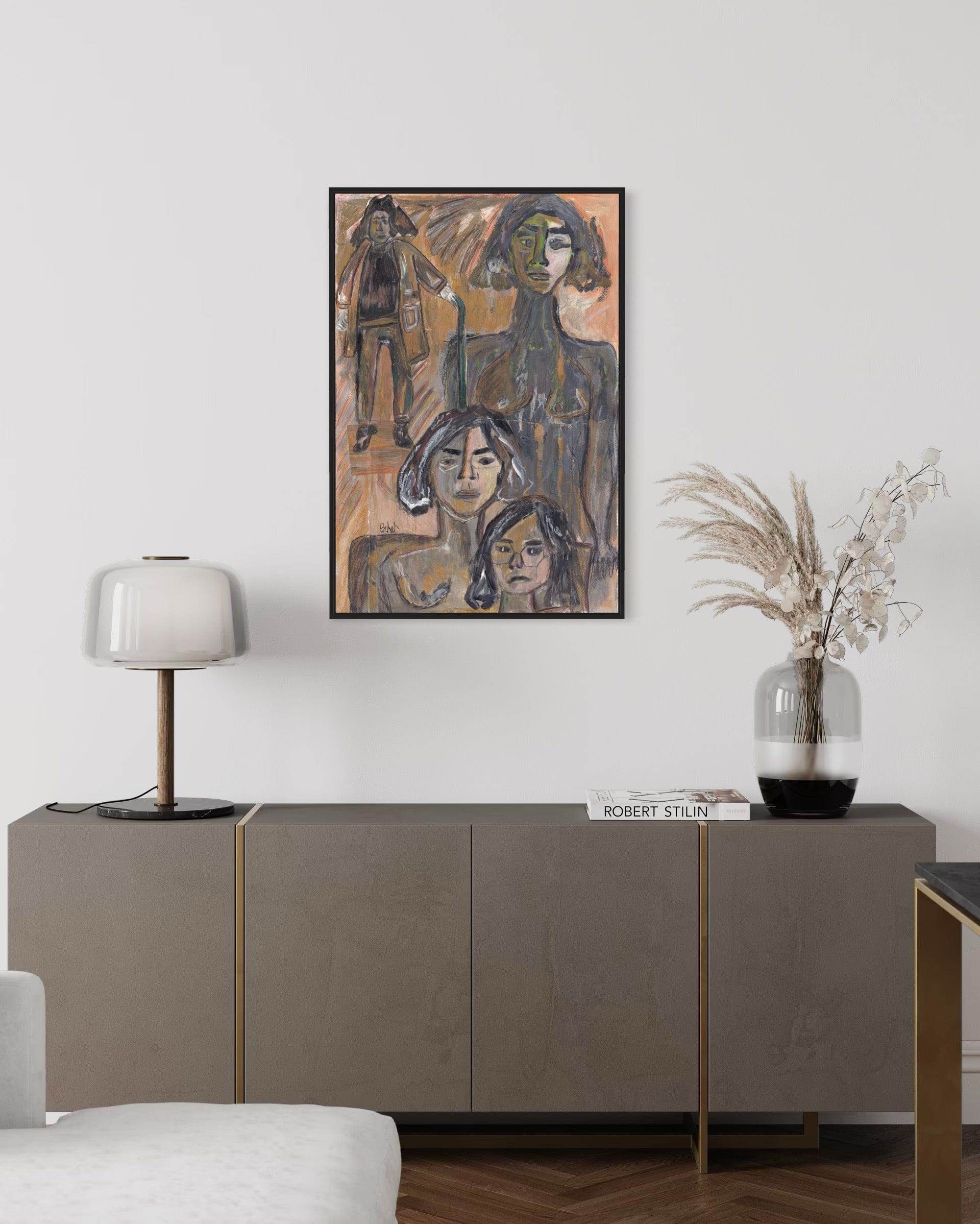 Living room with a sideboard, lamp, and abstract painting on the wall.