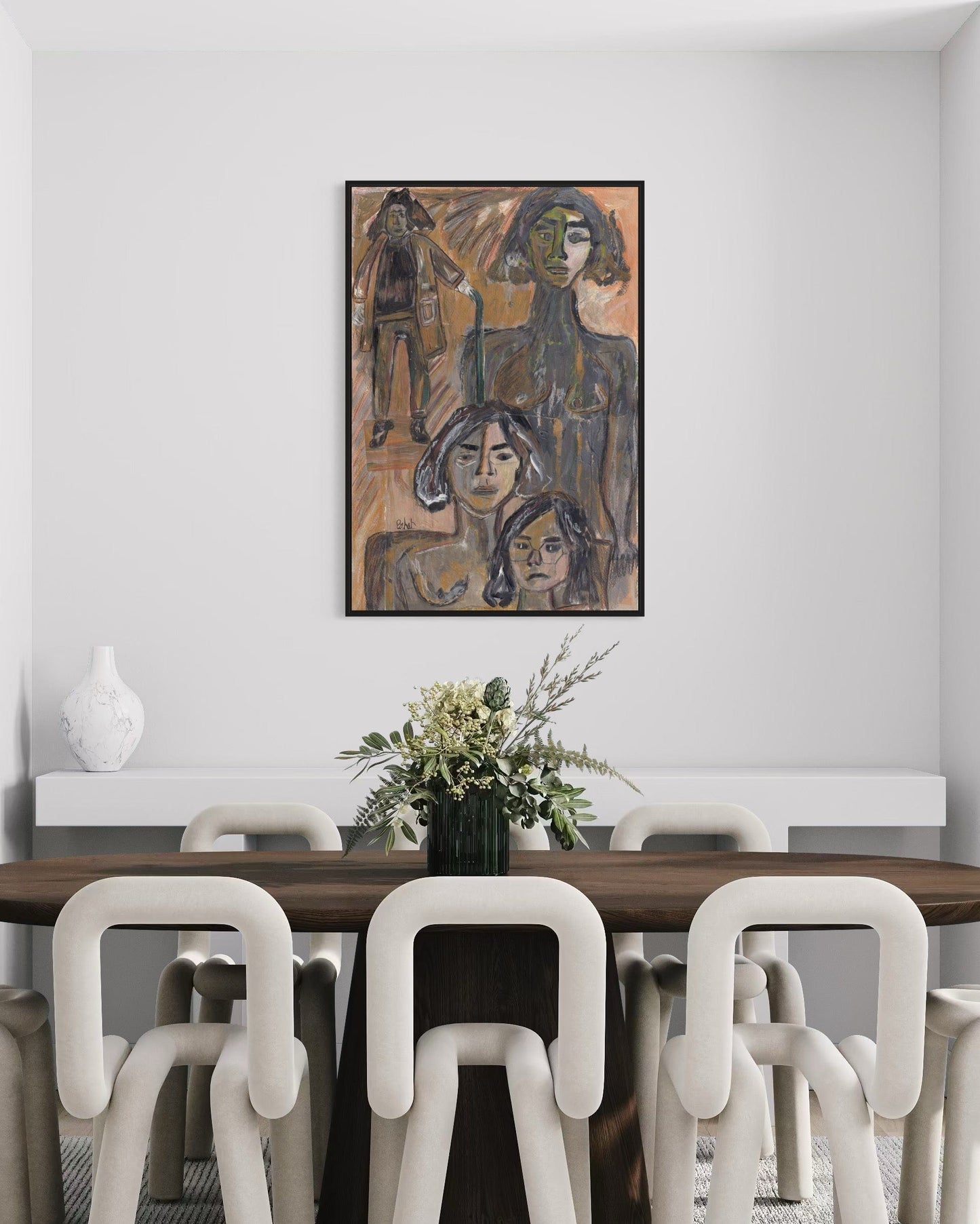 Dining room with a wooden table and modern chairs, featuring a framed abstract artwork on the wall.