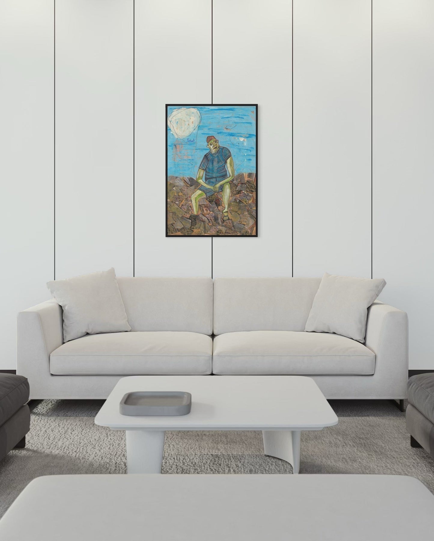 Modern living room with a gray sofa, coffee table, and abstract painting on the wall.