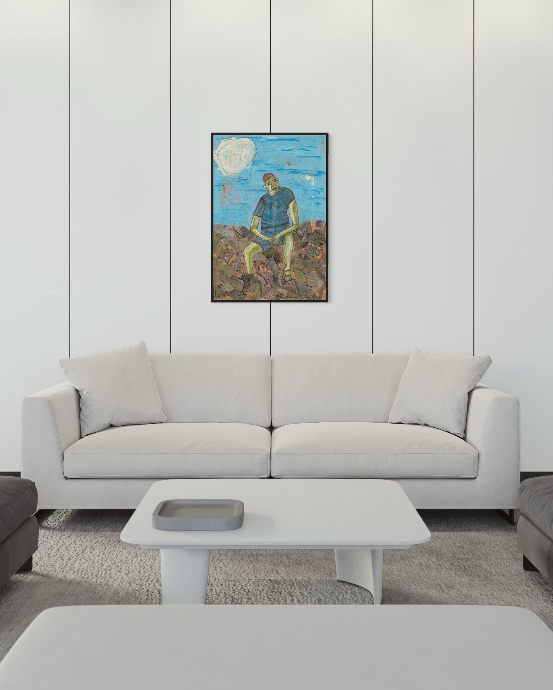 Modern living room with a gray sofa, coffee table, and abstract painting on the wall.